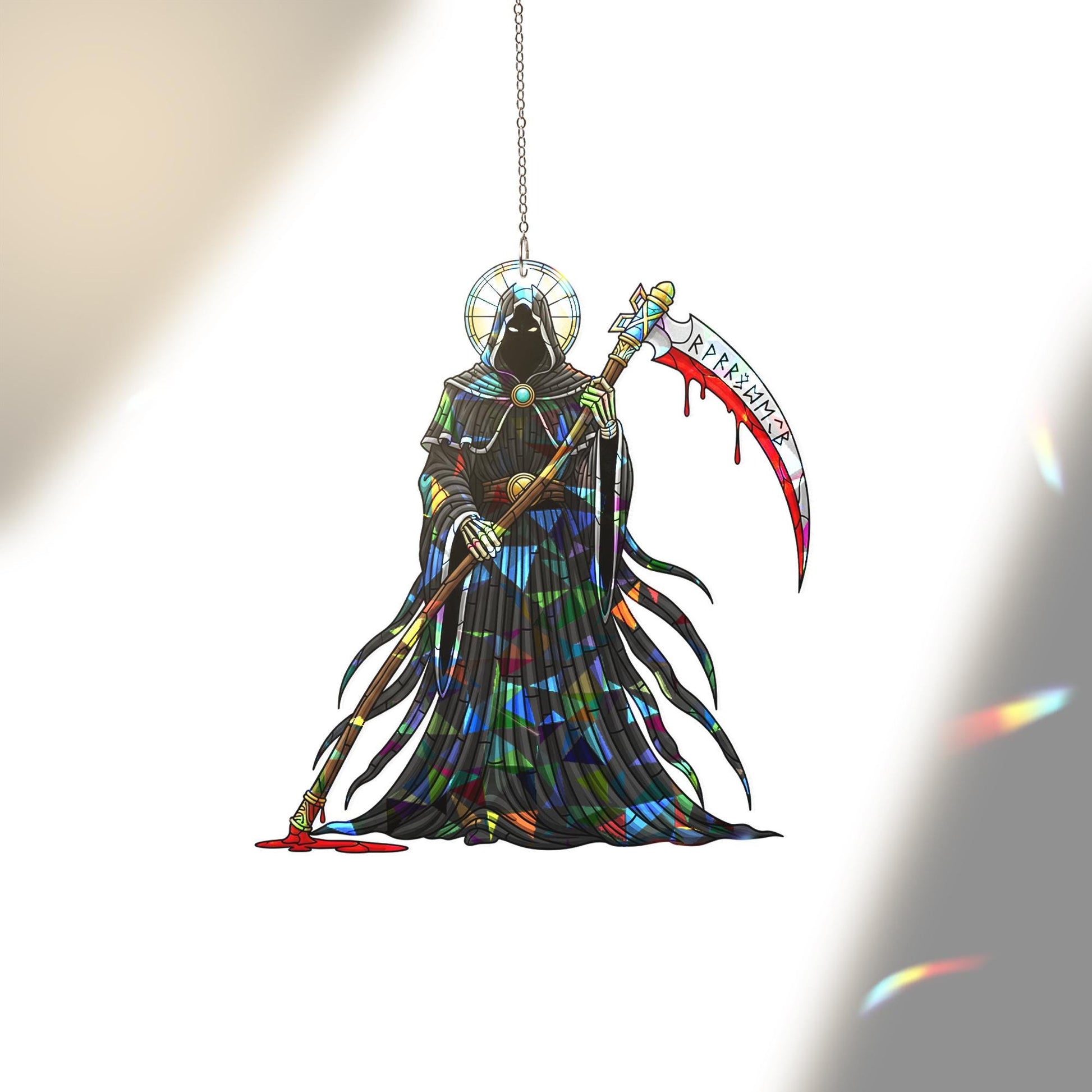 Grim Reaper Stained Glass Suncatcher – Gothic Halloween Window Hanging Decor – Creepy Scythe Skeleton Sun Catcher Ornament