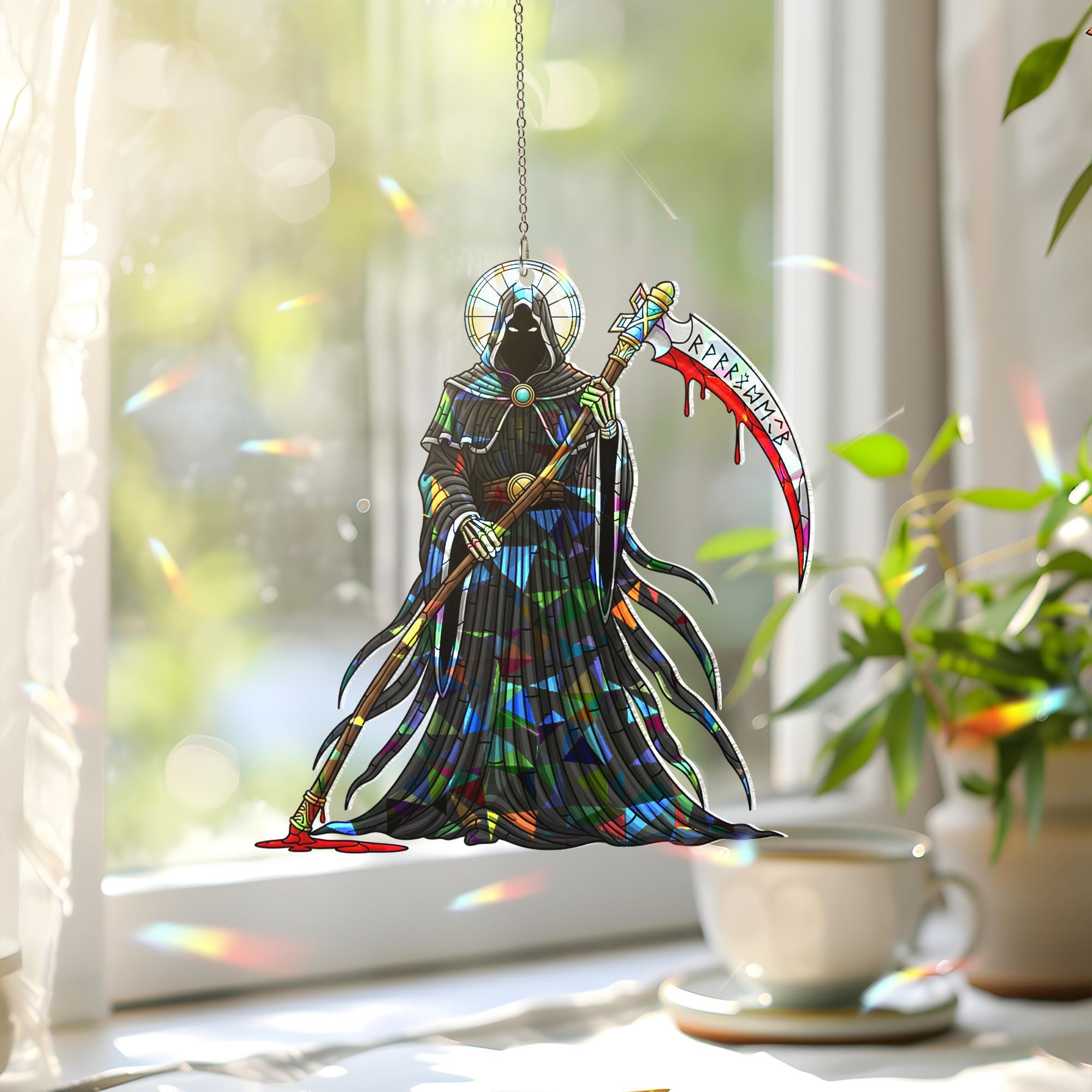 Grim Reaper Stained Glass Suncatcher – Gothic Halloween Window Hanging Decor – Creepy Scythe Skeleton Sun Catcher Ornament