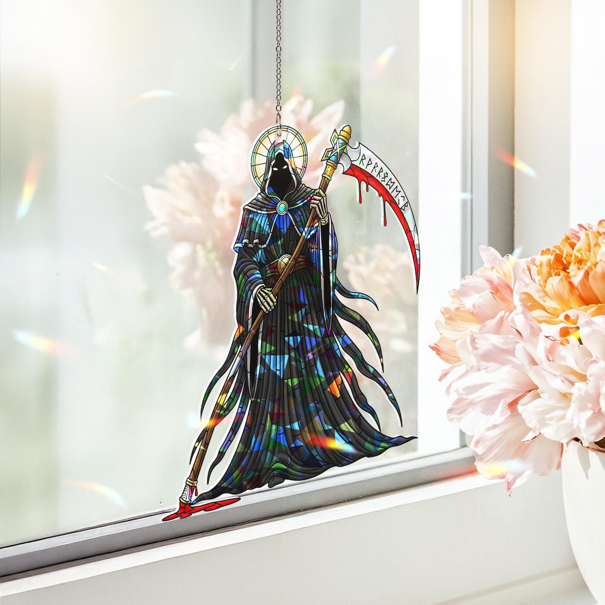 Grim Reaper Stained Glass Suncatcher – Gothic Halloween Window Hanging Decor – Creepy Scythe Skeleton Sun Catcher Ornament