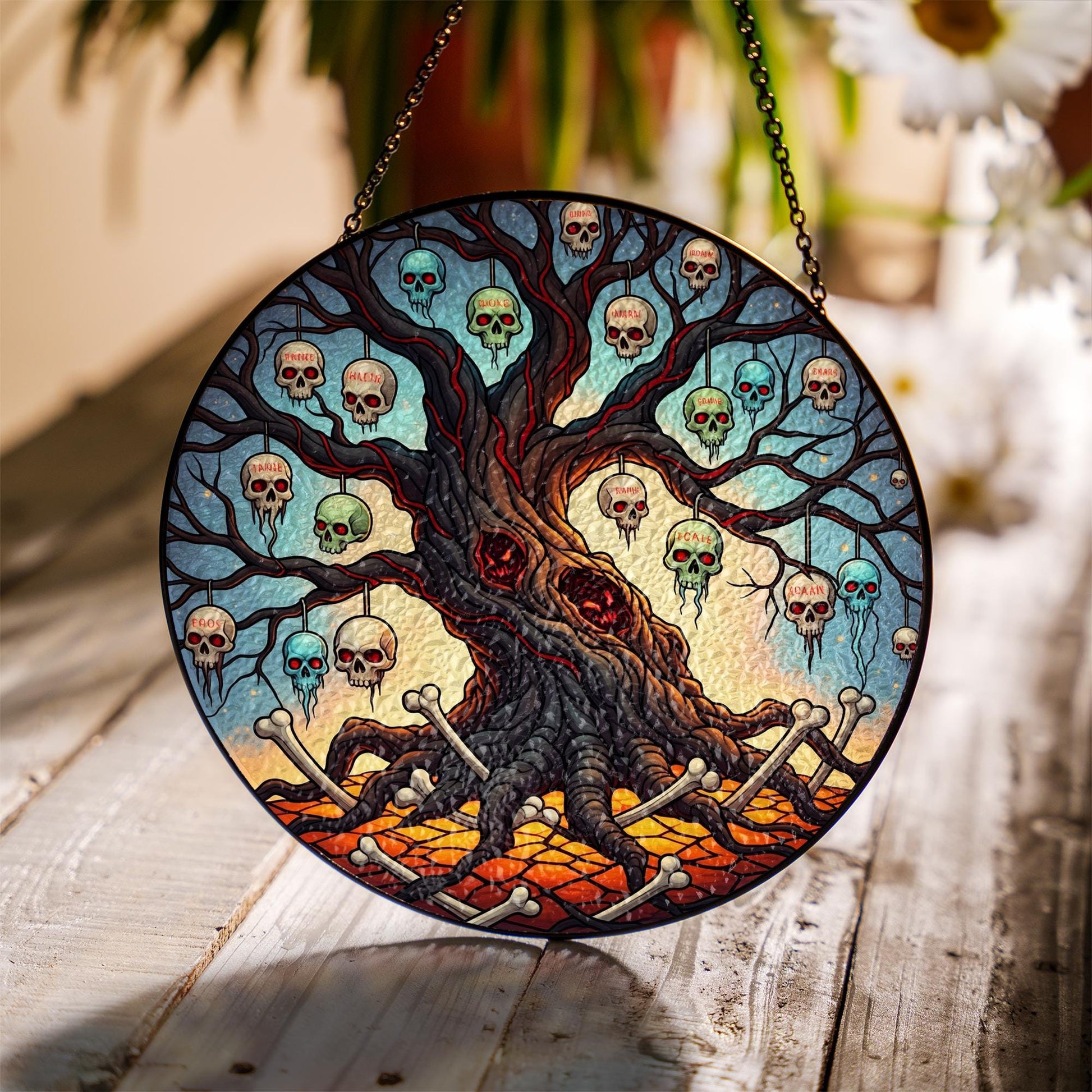 Skull Tree Stained Glass Suncatcher – Gothic Halloween Window Decor – Creepy Tree of Bones Hanging Ornament for Spooky Vibes