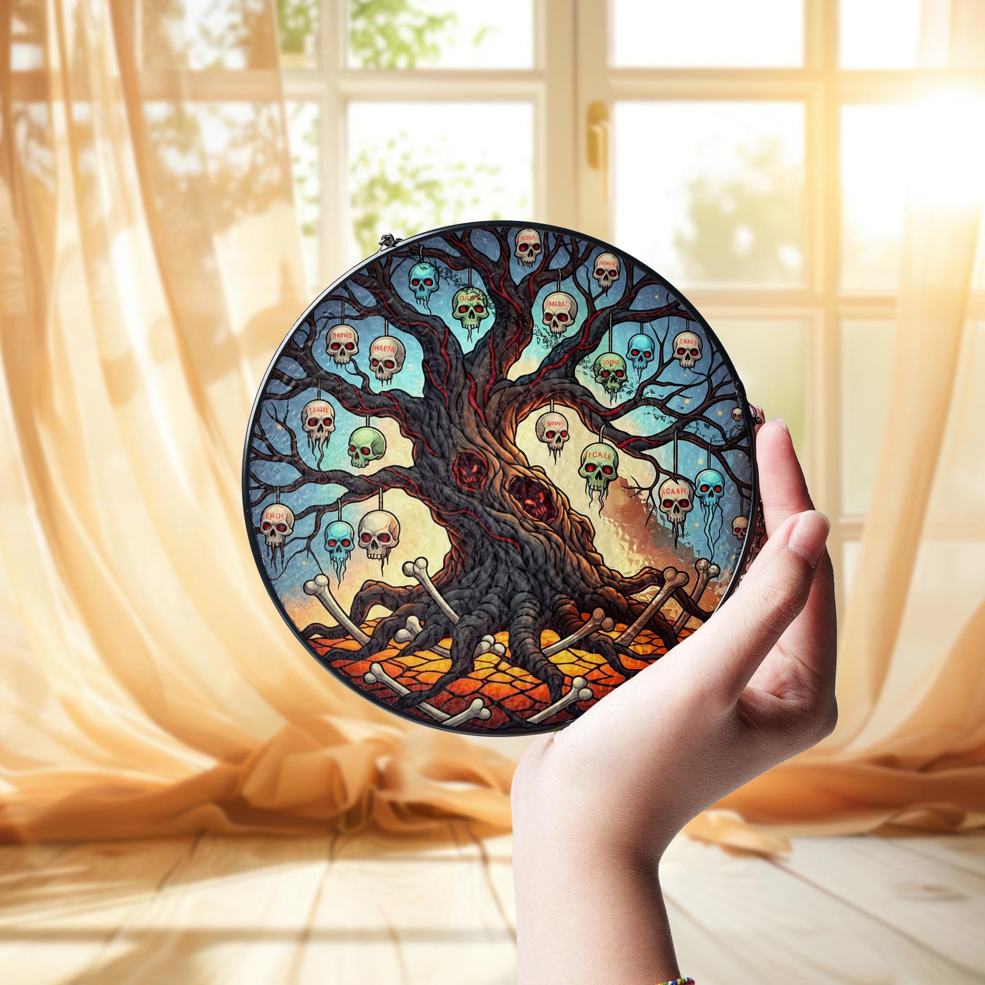 Skull Tree Stained Glass Suncatcher – Gothic Halloween Window Decor – Creepy Tree of Bones Hanging Ornament for Spooky Vibes