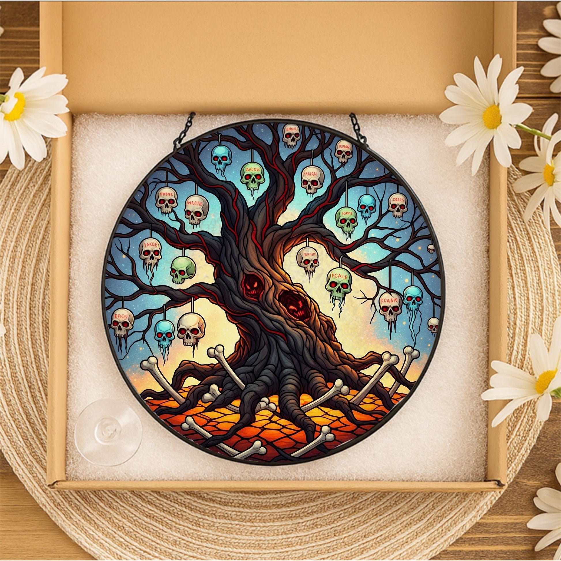 Skull Tree Stained Glass Suncatcher – Gothic Halloween Window Decor – Creepy Tree of Bones Hanging Ornament for Spooky Vibes