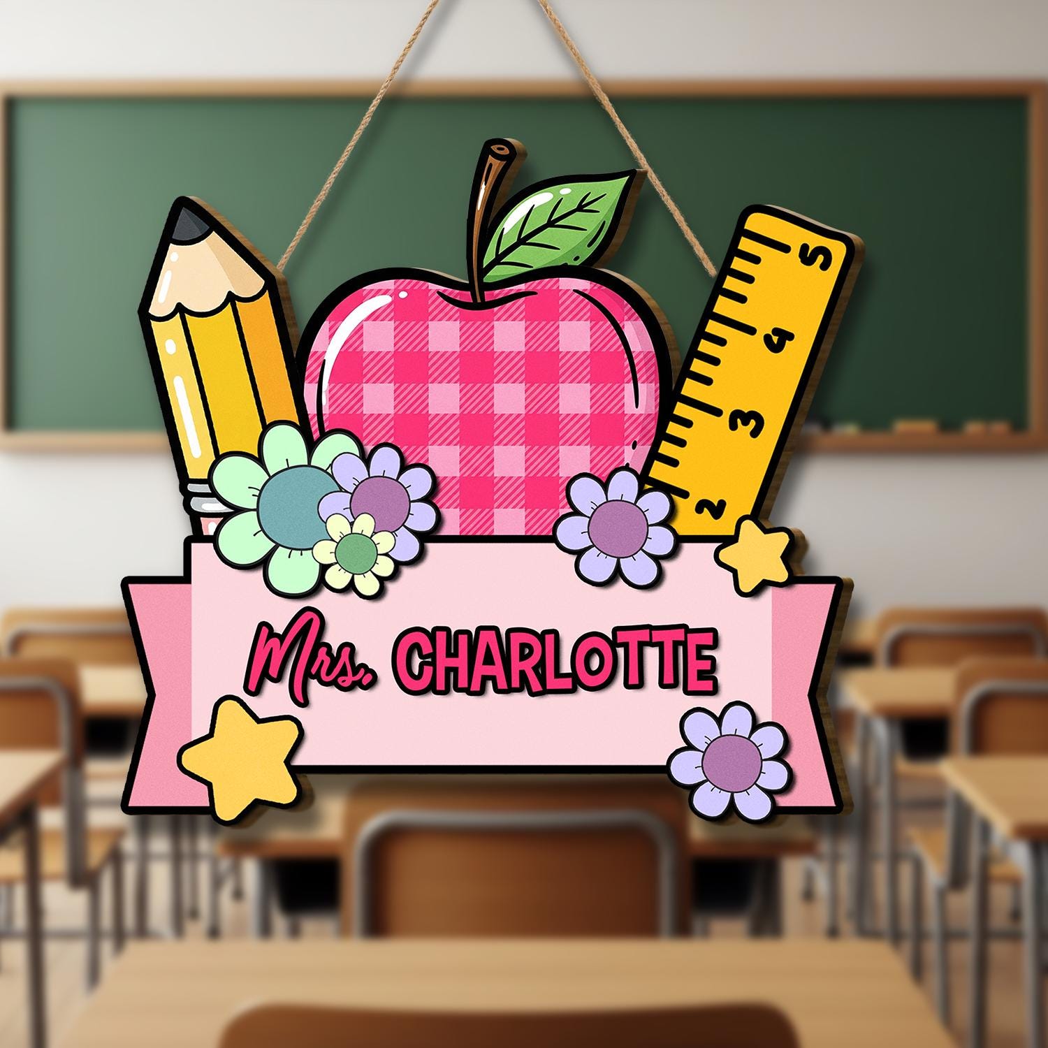 Personalized Teacher Door Sign – Cute Apple Pencil Ruler Design with Name, Classroom Decor for Back to School or Teacher Appreciation