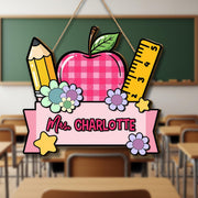 Personalized Teacher Door Sign – Cute Apple Pencil Ruler Design with Name, Classroom Decor for Back to School or Teacher Appreciation