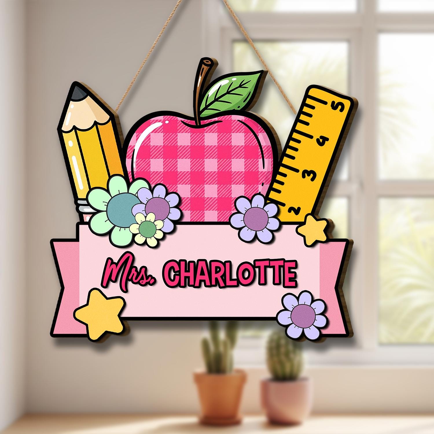 Personalized Teacher Door Sign – Cute Apple Pencil Ruler Design with Name, Classroom Decor for Back to School or Teacher Appreciation
