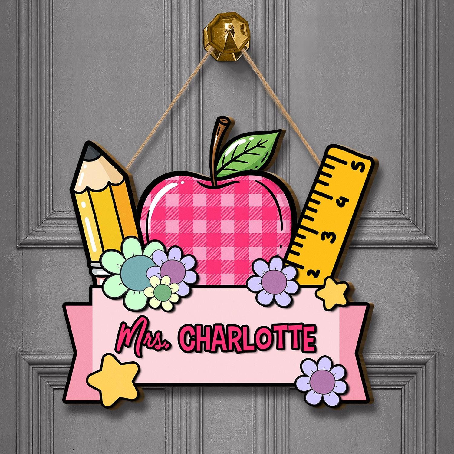 Personalized Teacher Door Sign – Cute Apple Pencil Ruler Design with Name, Classroom Decor for Back to School or Teacher Appreciation