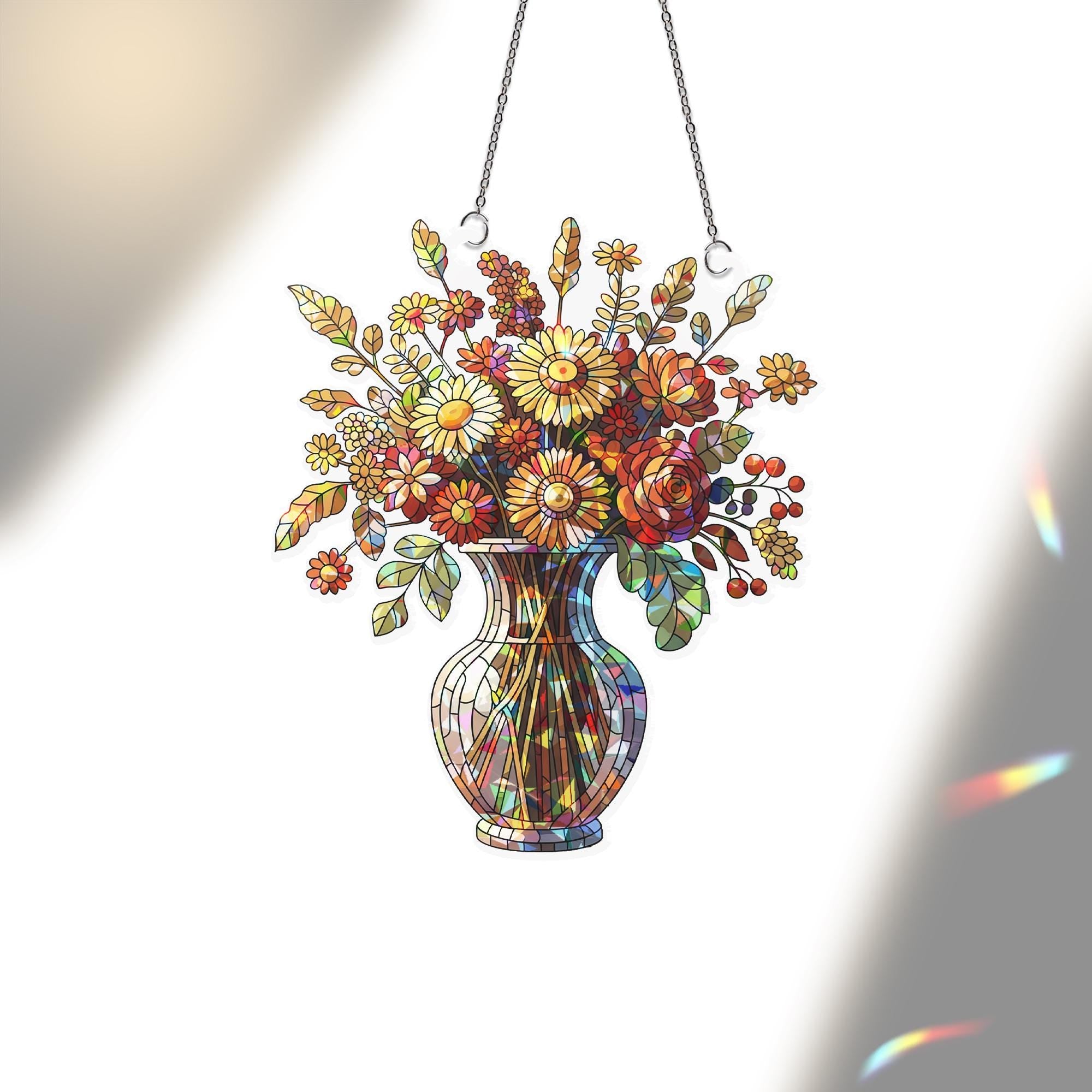 Faux Stained Glass Vase Floral Window Hanging – Colorful Wildflower Hologram Suncatcher, Spring Summer Home Decor, Cottagecore Gift