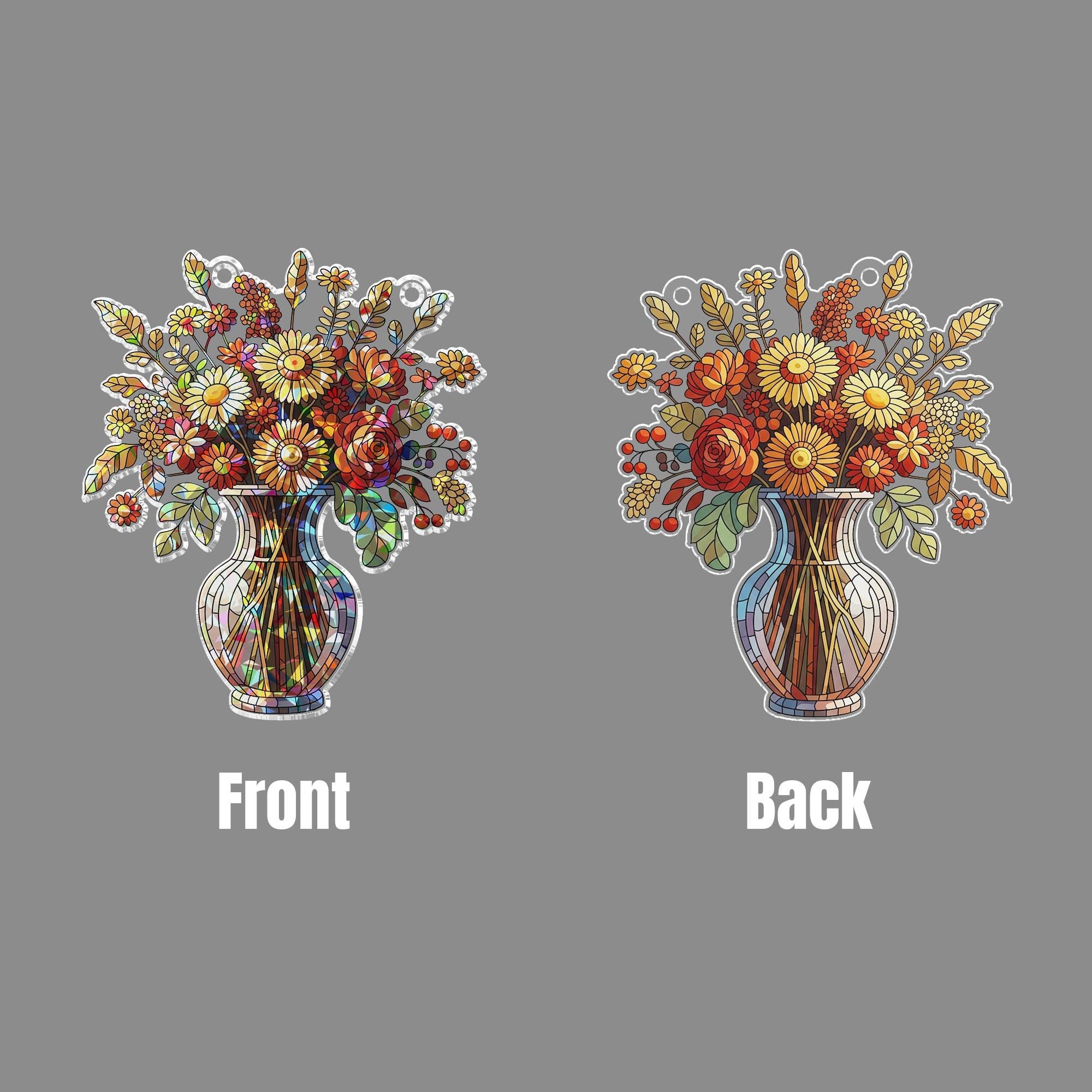 Faux Stained Glass Vase Floral Window Hanging – Colorful Wildflower Hologram Suncatcher, Spring Summer Home Decor, Cottagecore Gift