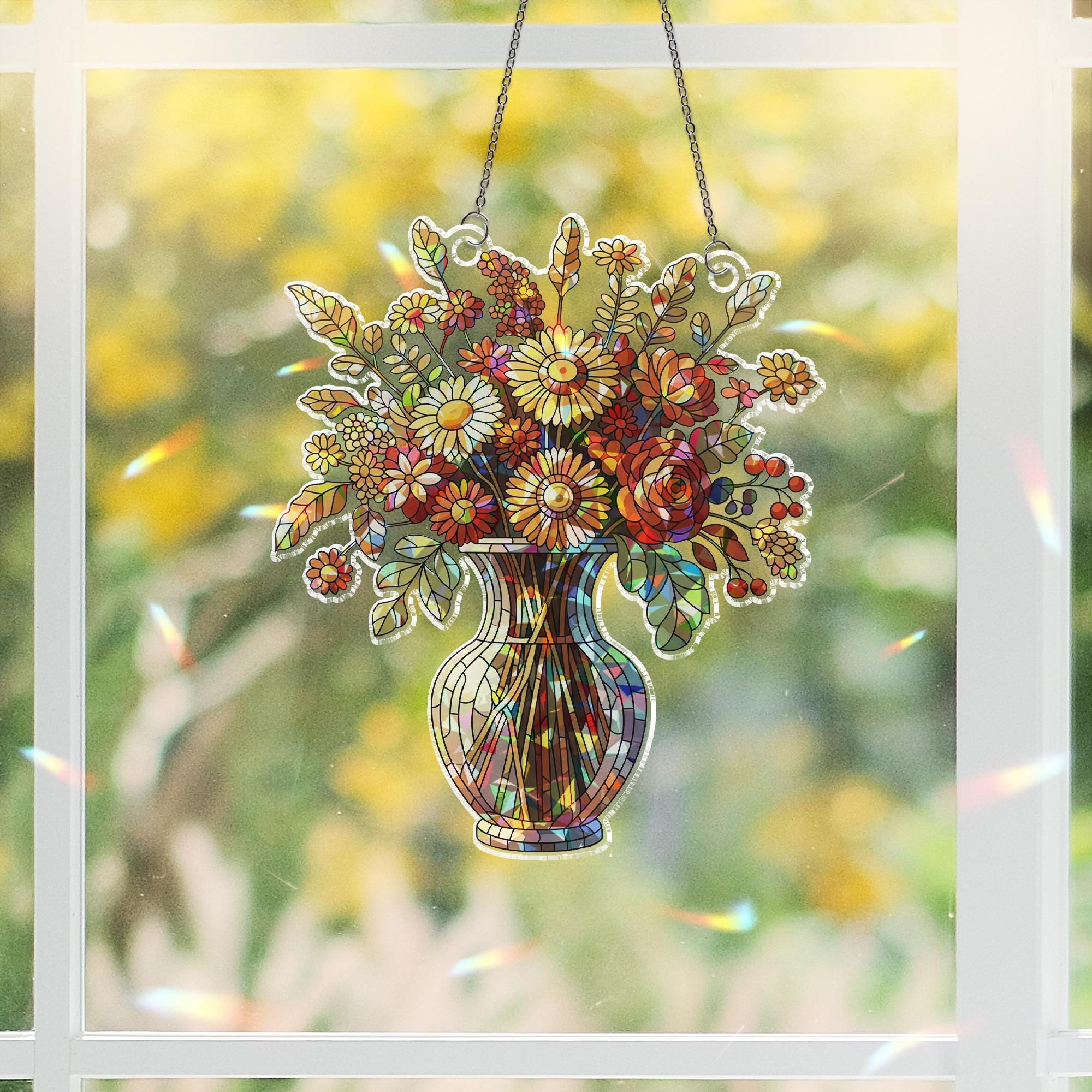 Faux Stained Glass Vase Floral Window Hanging – Colorful Wildflower Hologram Suncatcher, Spring Summer Home Decor, Cottagecore Gift