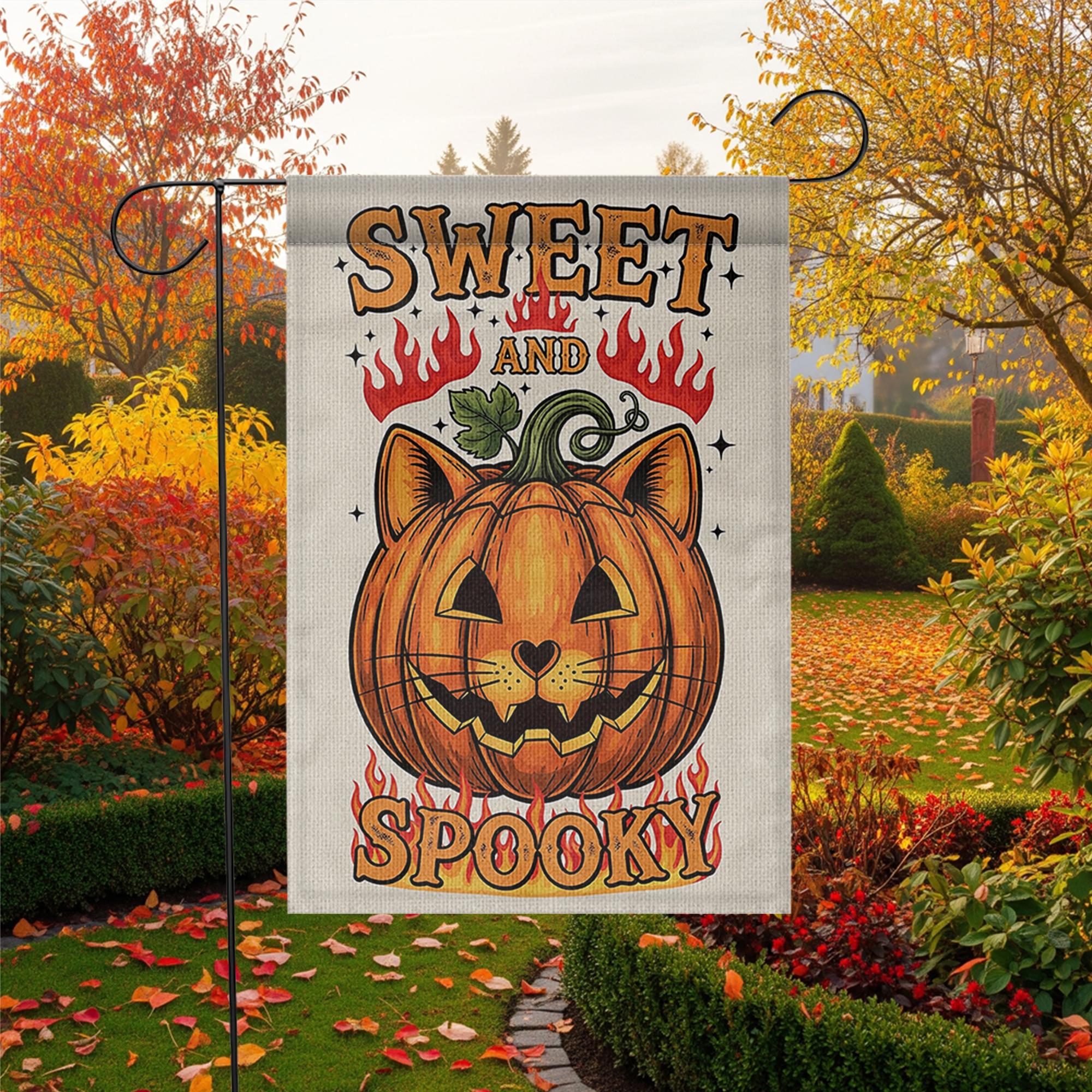 Sweet and Spooky Garden Flag, Halloween Cat Pumpkin Yard Decor, Cute Spooky Fall Outdoor Flag, Trick or Treat Sign