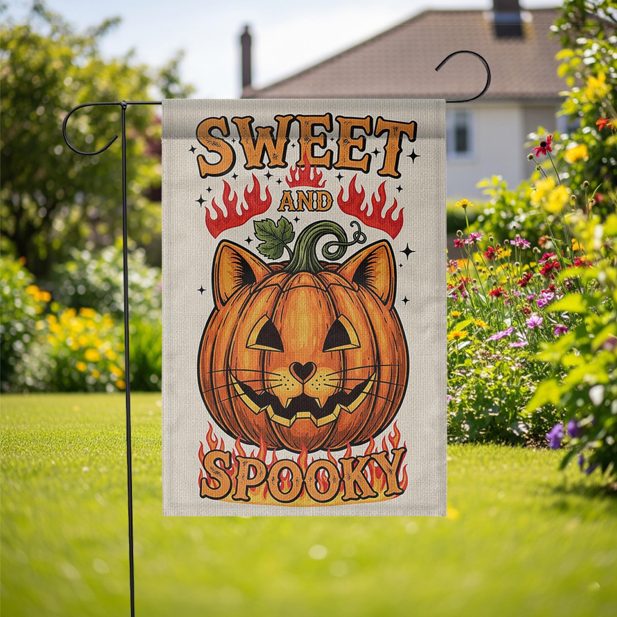 Sweet and Spooky Garden Flag, Halloween Cat Pumpkin Yard Decor, Cute Spooky Fall Outdoor Flag, Trick or Treat Sign
