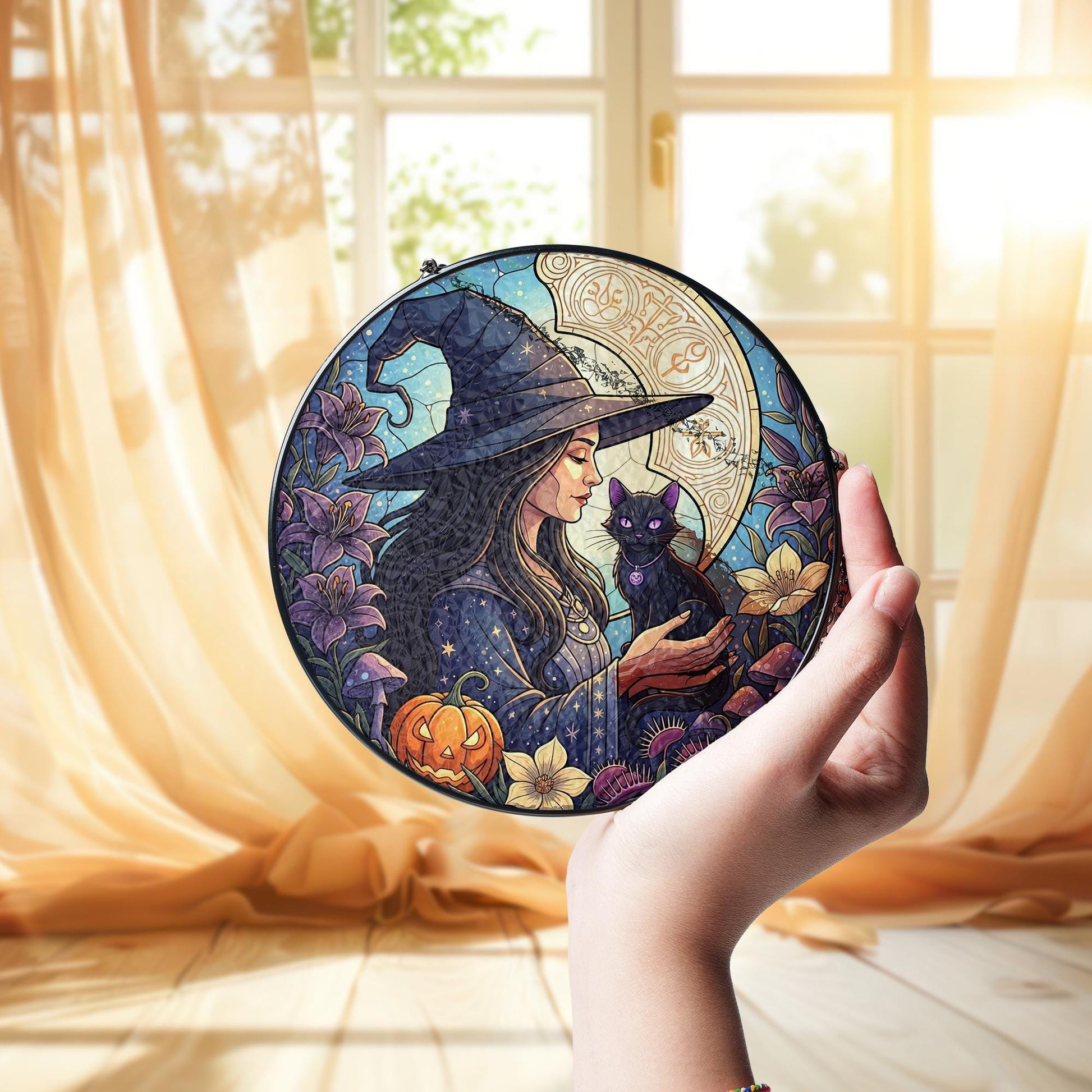 Witch and Black Cat Stained Glass Suncatcher – Gothic Halloween Window Decor – Wiccan Witchy Art Panel for Fall Home