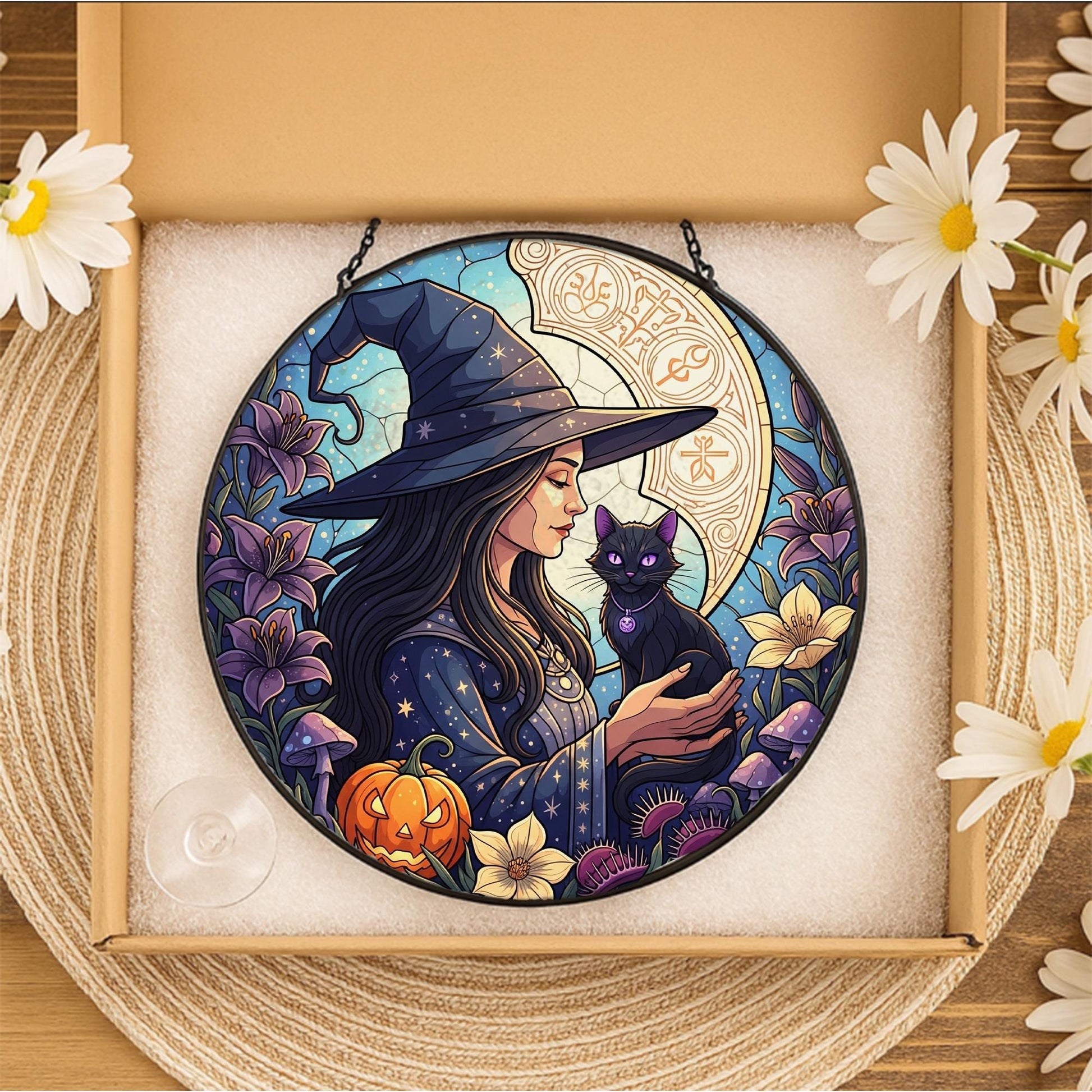 Witch and Black Cat Stained Glass Suncatcher – Gothic Halloween Window Decor – Wiccan Witchy Art Panel for Fall Home
