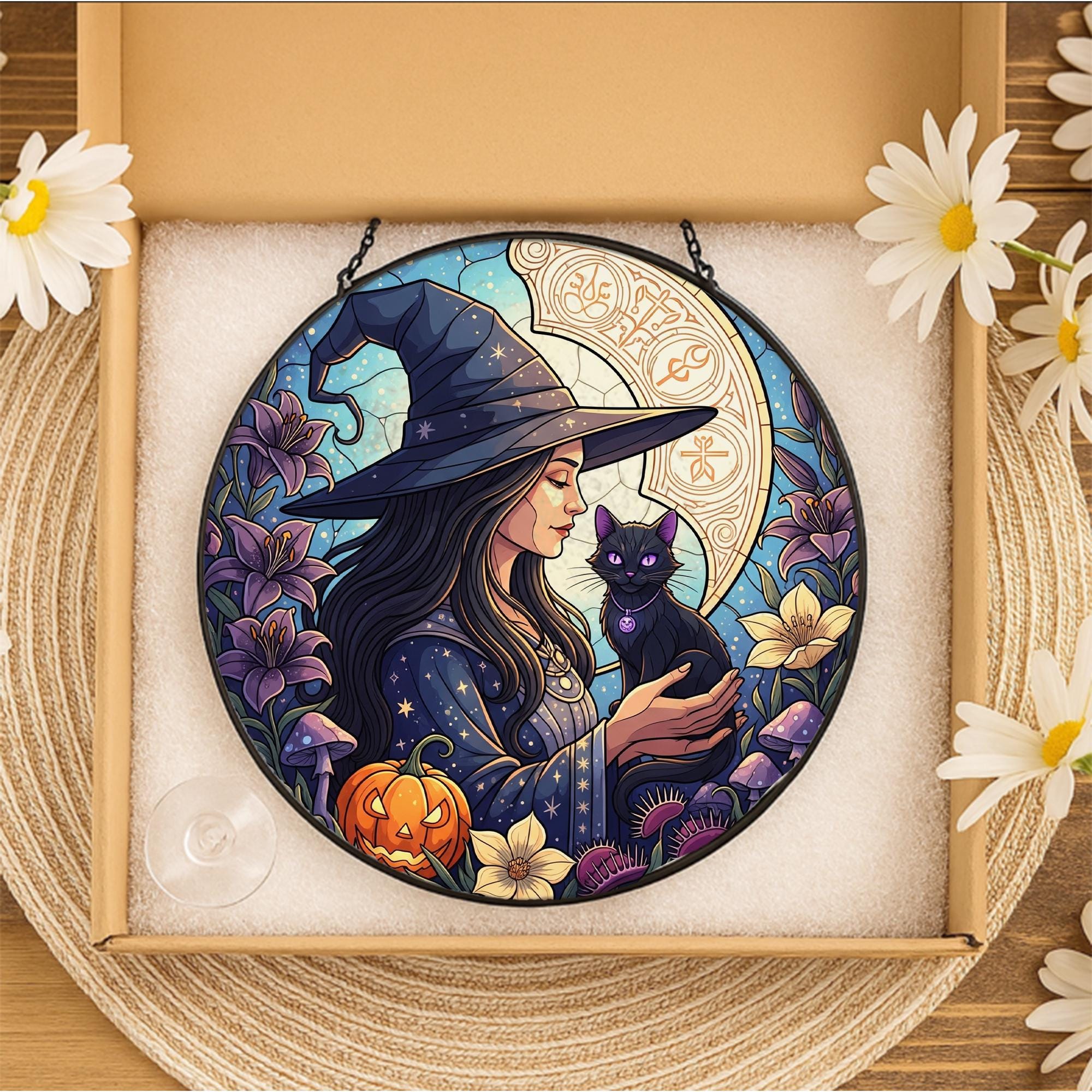 Witch and Black Cat Stained Glass Suncatcher – Gothic Halloween Window Decor – Wiccan Witchy Art Panel for Fall Home