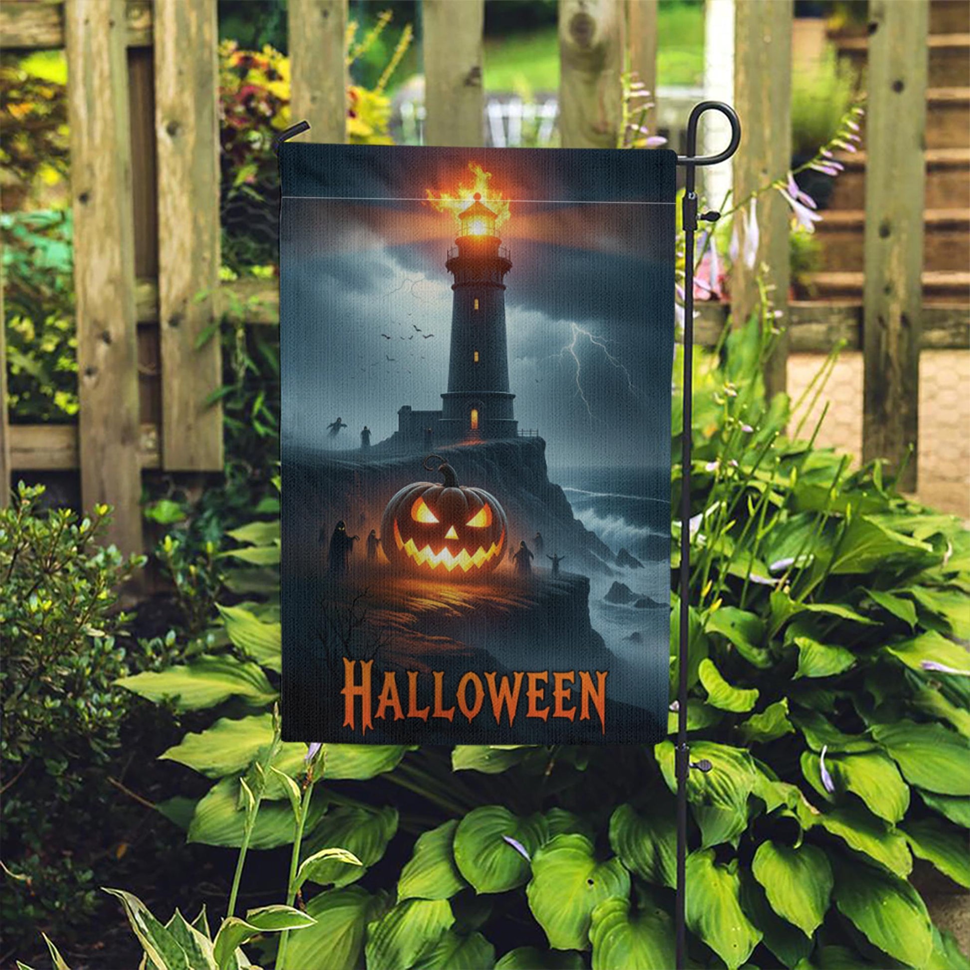 Halloween Lighthouse Garden Flag, Spooky Coastal Decor, Jack O Lantern Yard Flag, Haunted Sea Halloween Outdoor Sign