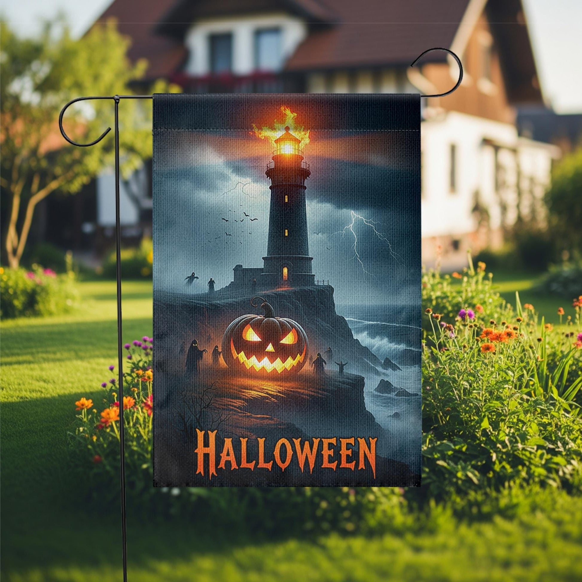 Halloween Lighthouse Garden Flag, Spooky Coastal Decor, Jack O Lantern Yard Flag, Haunted Sea Halloween Outdoor Sign