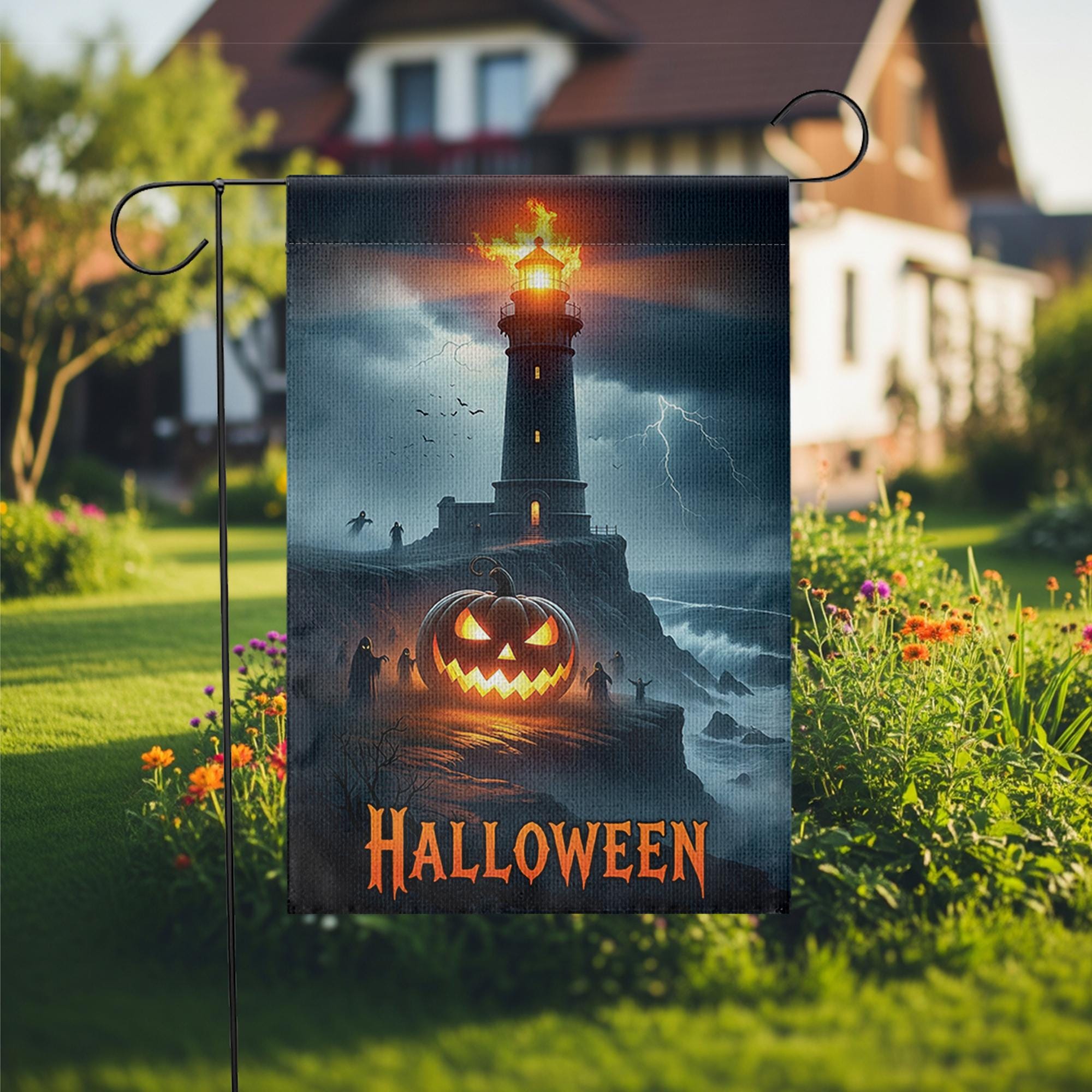 Halloween Lighthouse Garden Flag, Spooky Coastal Decor, Jack O Lantern Yard Flag, Haunted Sea Halloween Outdoor Sign
