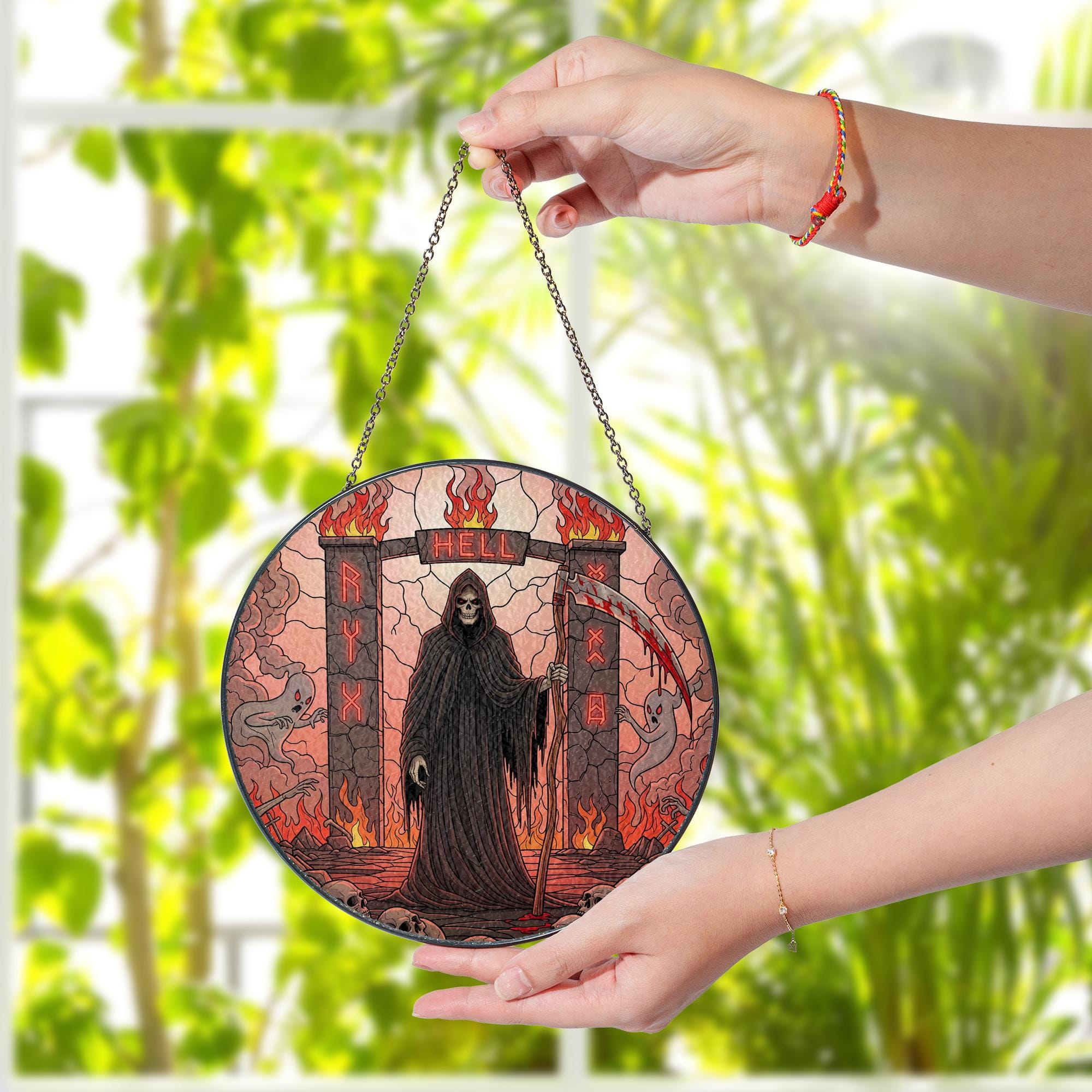 Grim Reaper Stained Glass Suncatcher – Hell Gate Gothic Halloween Decor – Spooky Skeleton Window Art for Horror Lovers