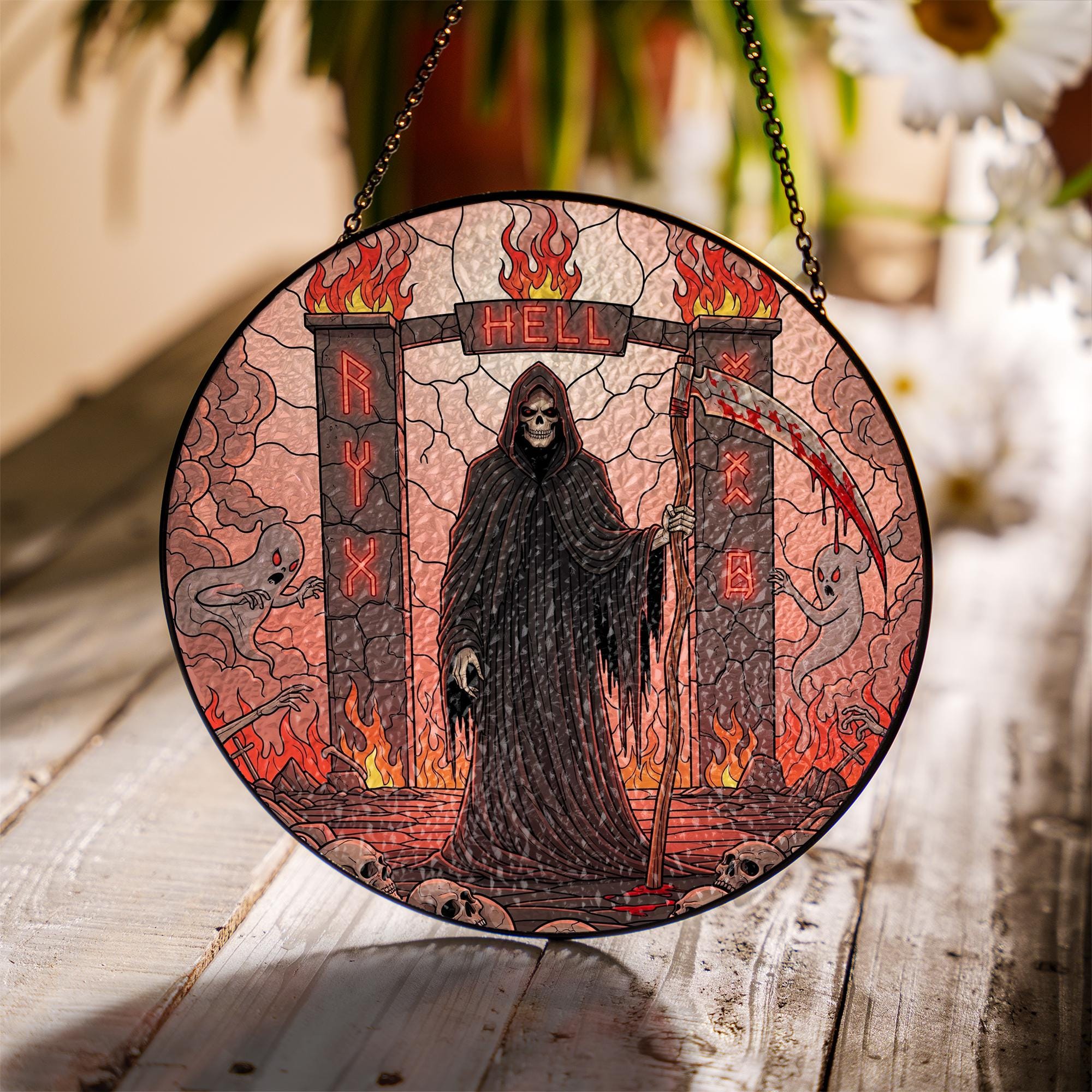 Grim Reaper Stained Glass Suncatcher – Hell Gate Gothic Halloween Decor – Spooky Skeleton Window Art for Horror Lovers