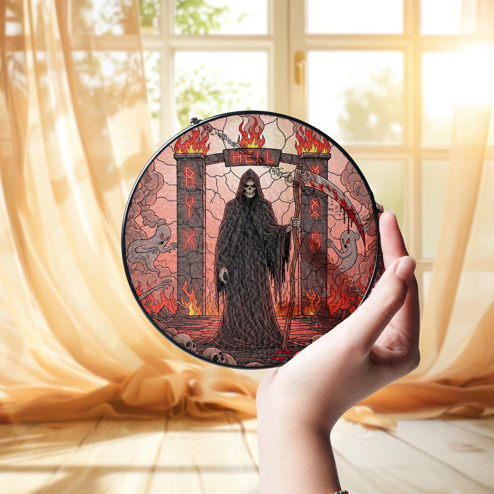 Grim Reaper Stained Glass Suncatcher – Hell Gate Gothic Halloween Decor – Spooky Skeleton Window Art for Horror Lovers