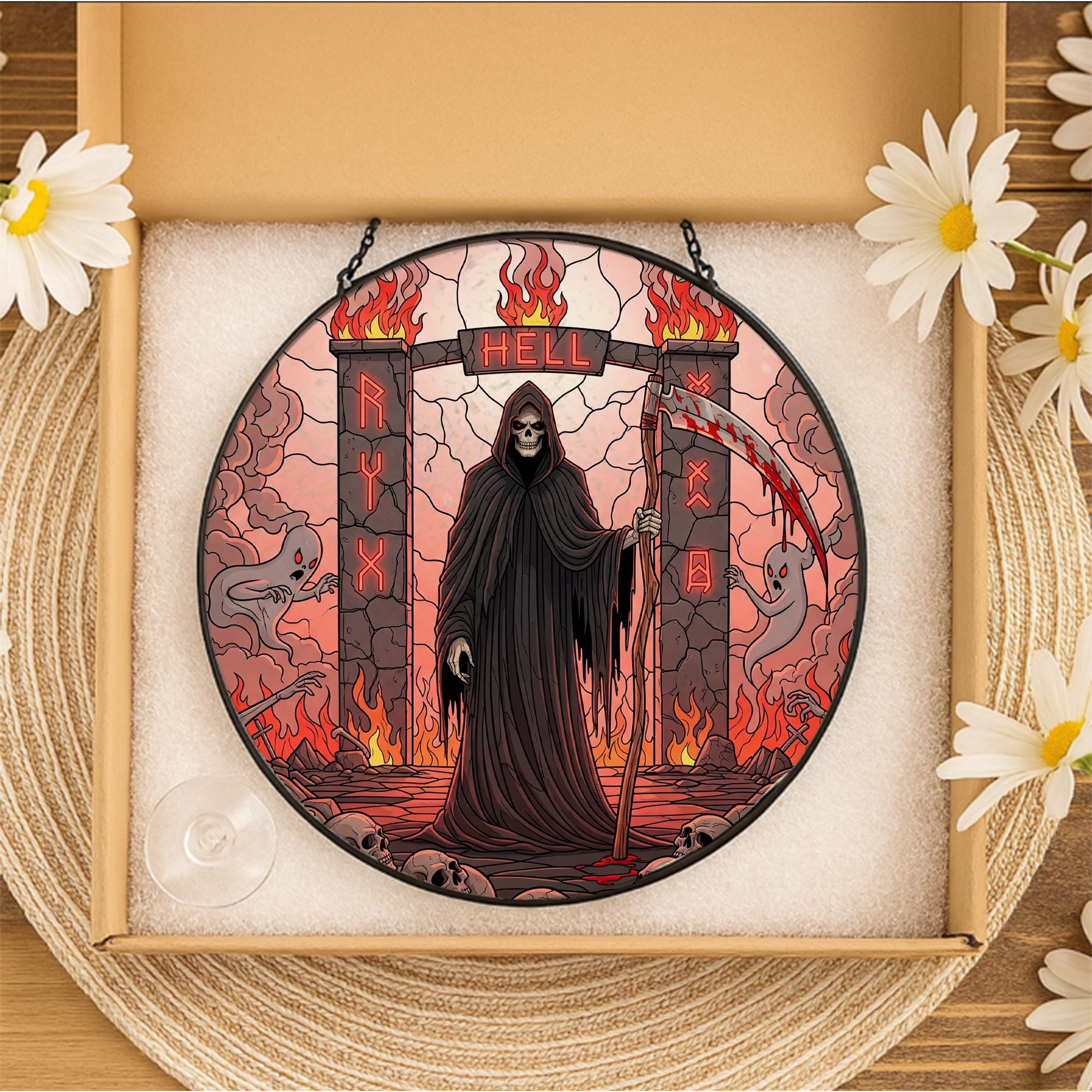 Grim Reaper Stained Glass Suncatcher – Hell Gate Gothic Halloween Decor – Spooky Skeleton Window Art for Horror Lovers