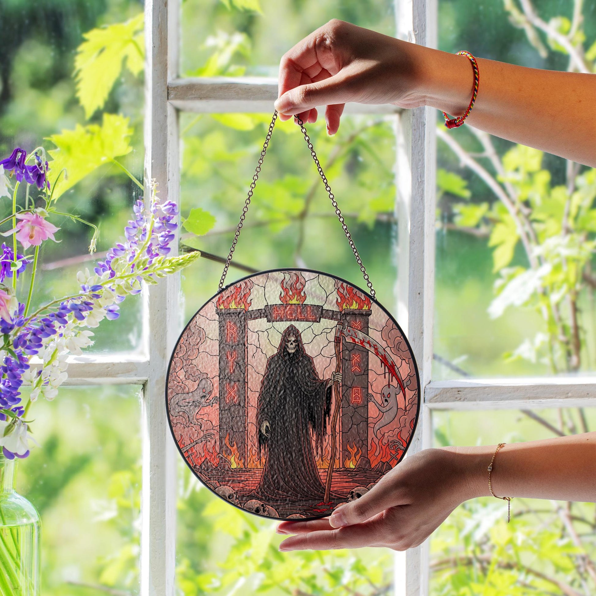 Grim Reaper Stained Glass Suncatcher – Hell Gate Gothic Halloween Decor – Spooky Skeleton Window Art for Horror Lovers