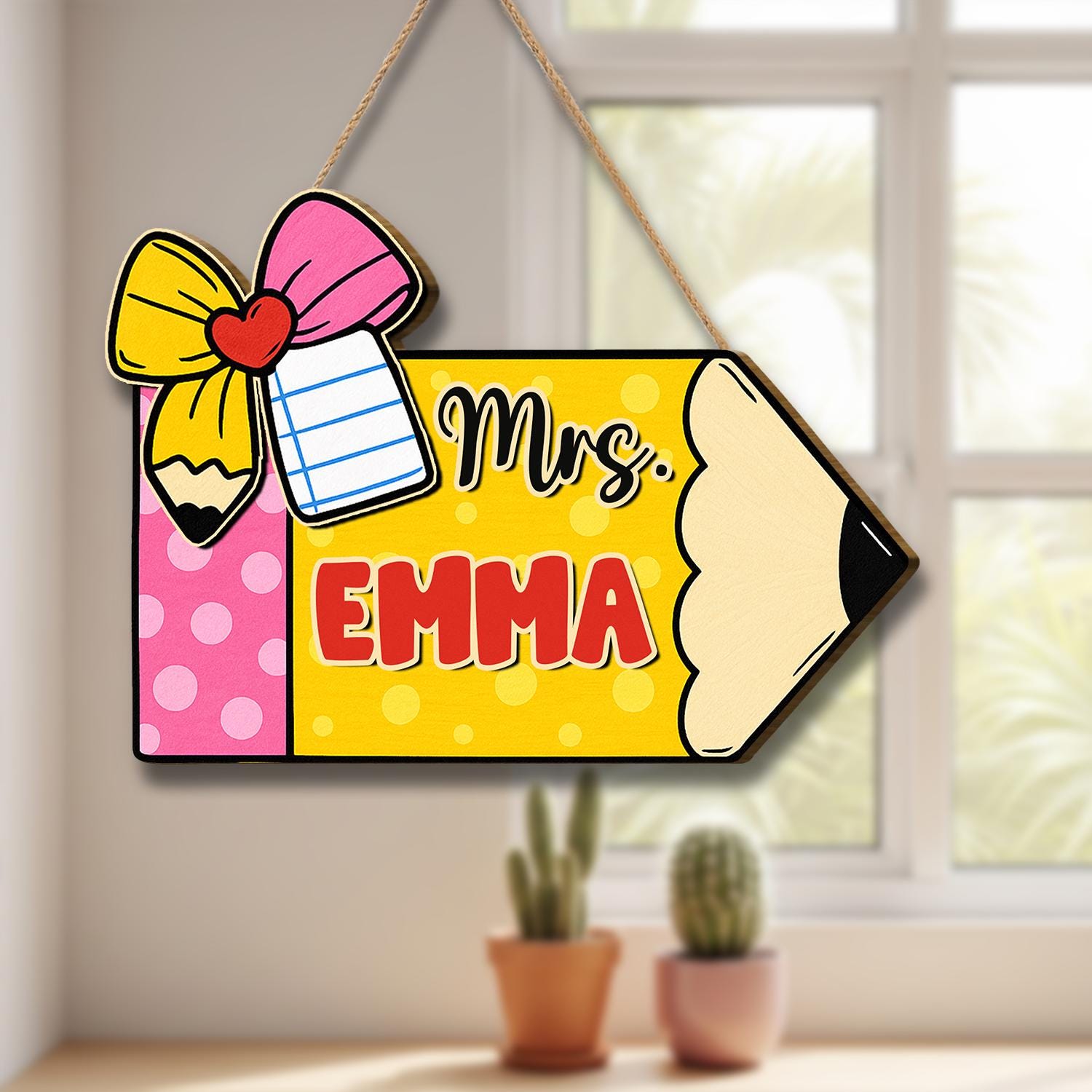 Personalized Pencil Teacher Door Sign – Custom Name Pencil Classroom Sign with Bow, Cute Back to School Decor for Teachers, Educators, Staff