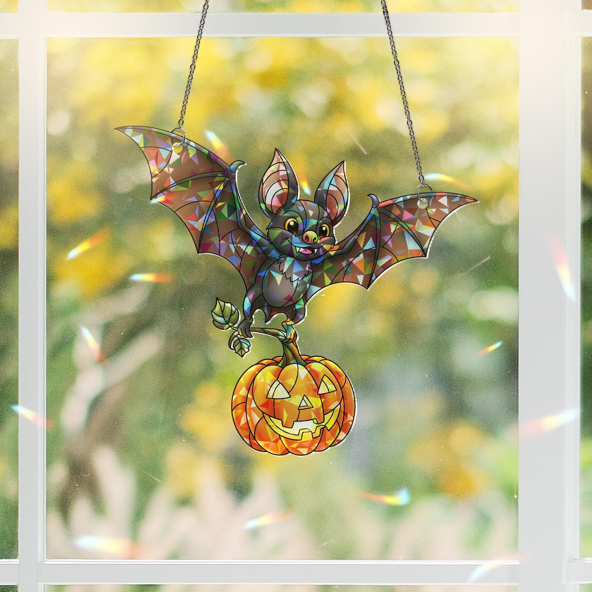 Halloween Bat Suncatcher, Stained Glass Pumpkin Hanging Decor, Cute Spooky Window Ornament, Fall Sun Catcher Gift
