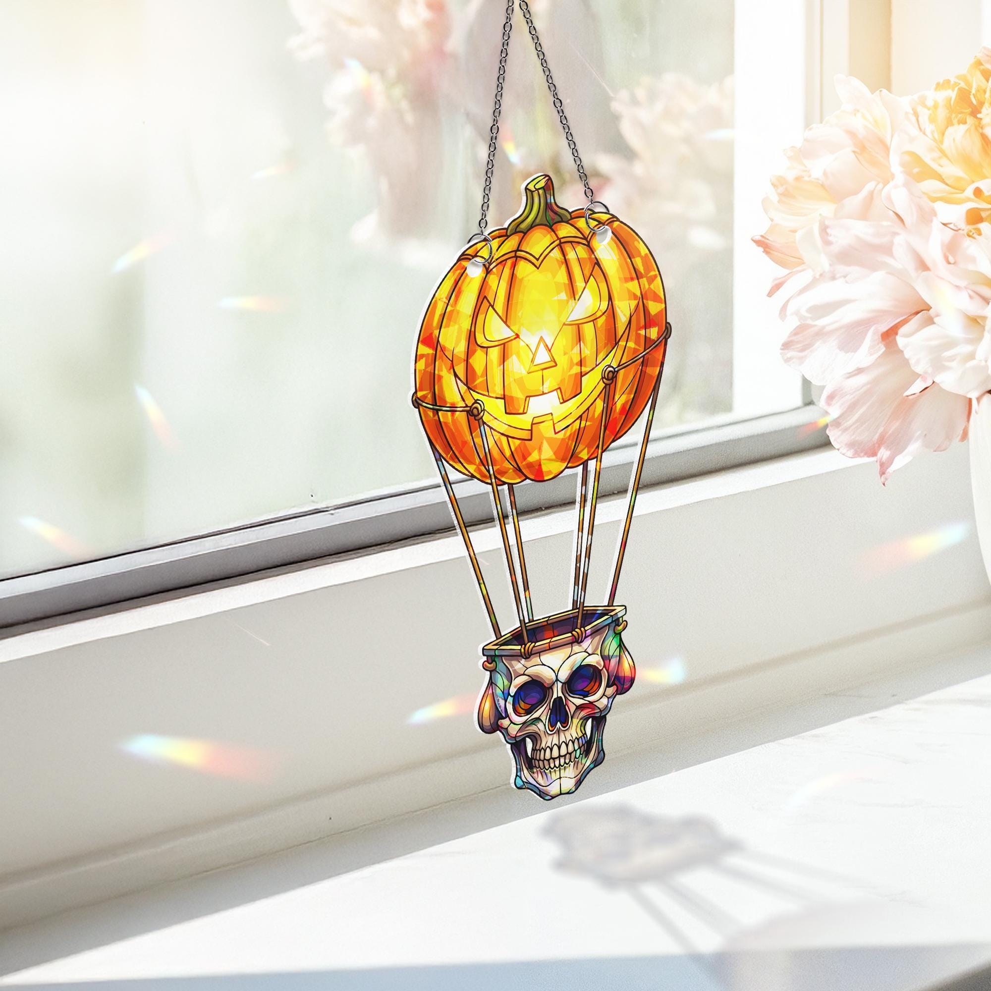 Halloween Skull Balloon Suncatcher, Jack O Lantern Stained Glass Hanging, Spooky Gothic Window Decor Gift