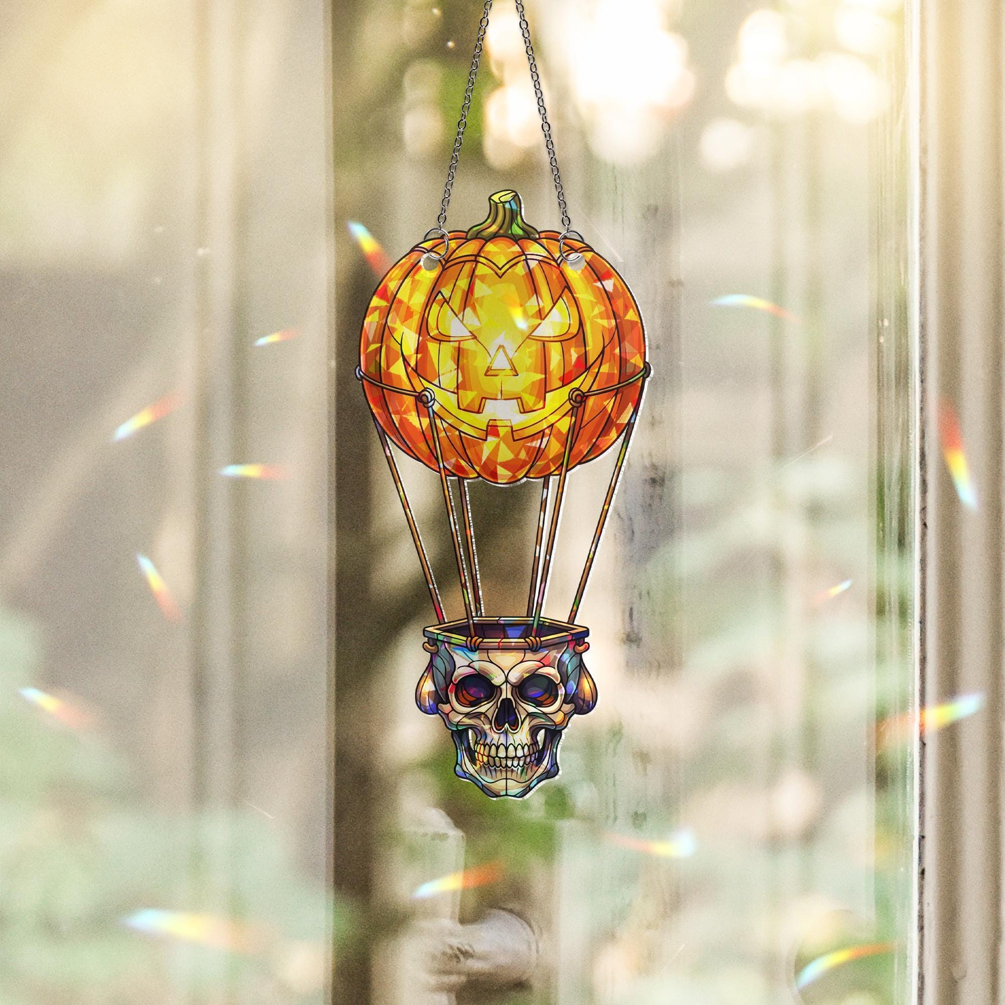 Halloween Skull Balloon Suncatcher, Jack O Lantern Stained Glass Hanging, Spooky Gothic Window Decor Gift