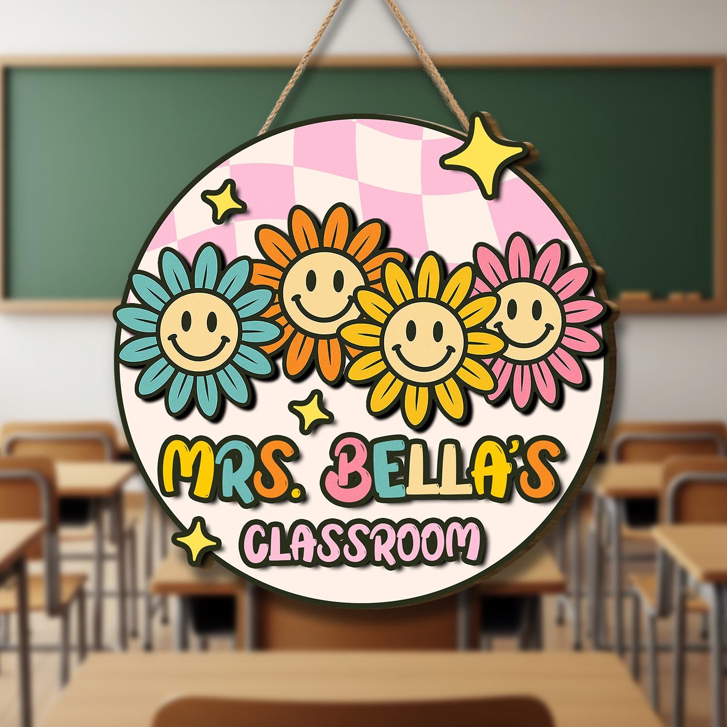 Personalized Teacher Door Sign – Smile Flower Classroom Welcome Sign with Name, Cute Round Decor for Back to School or Teachers, Class Decor