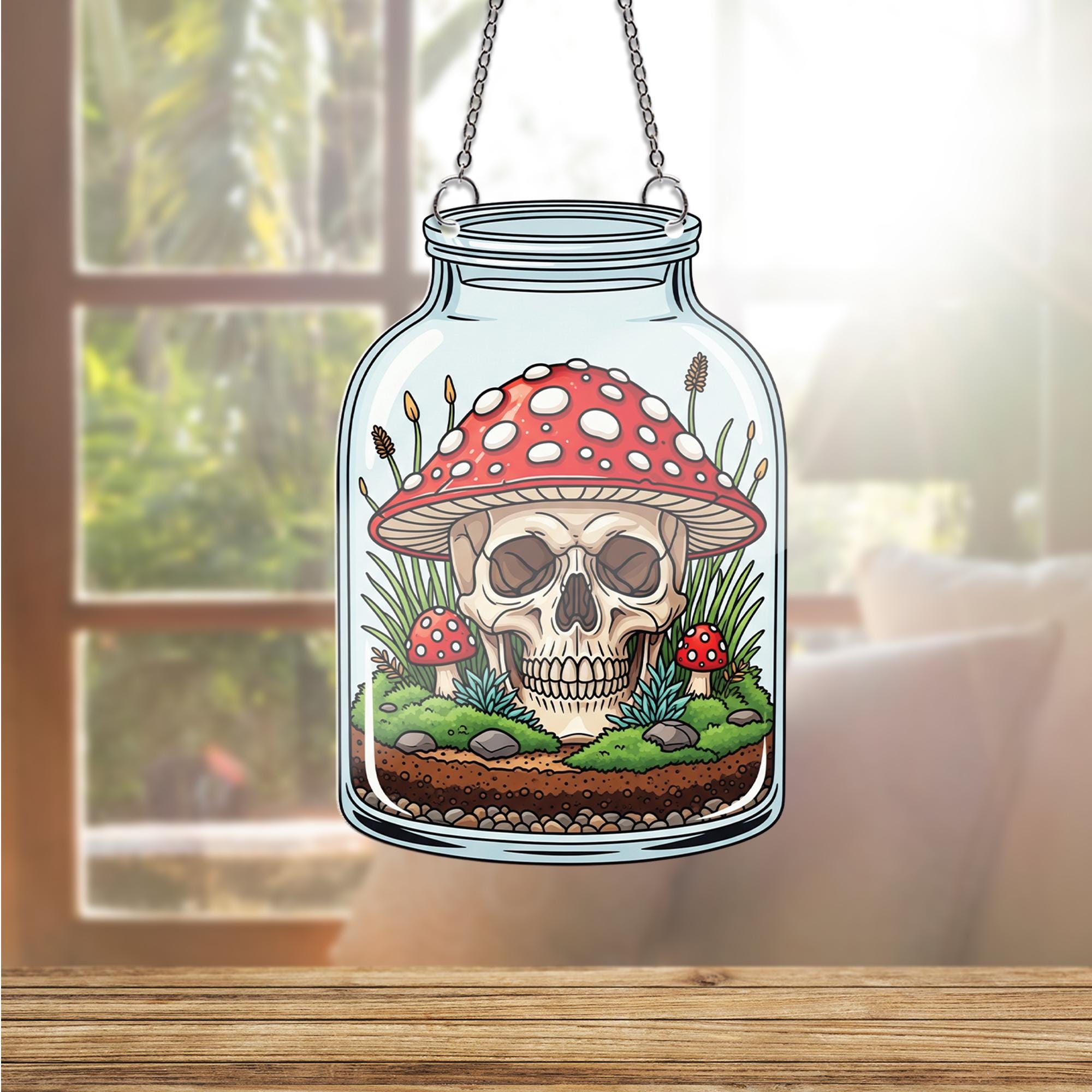 Mushroom Skull Jar ornament , Gothic Terrarium Window Hanging, Spooky Cottagecore Decor Gift