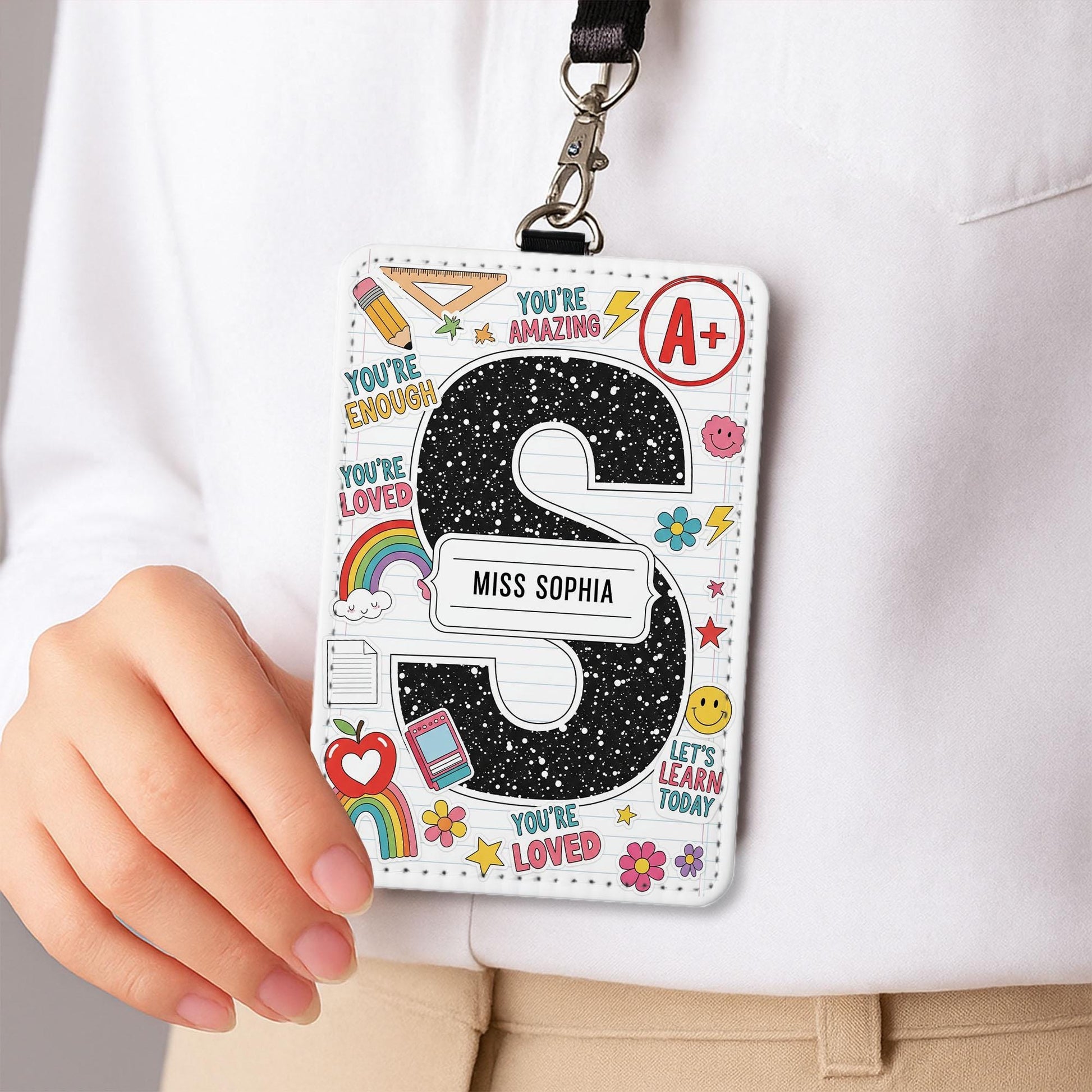 Custom Teacher Badge Holder, Personalized Leather ID Tag, Back to School Gift, Cute A+ Teacher Lanyard, Teacher Name Badge,School Accesories