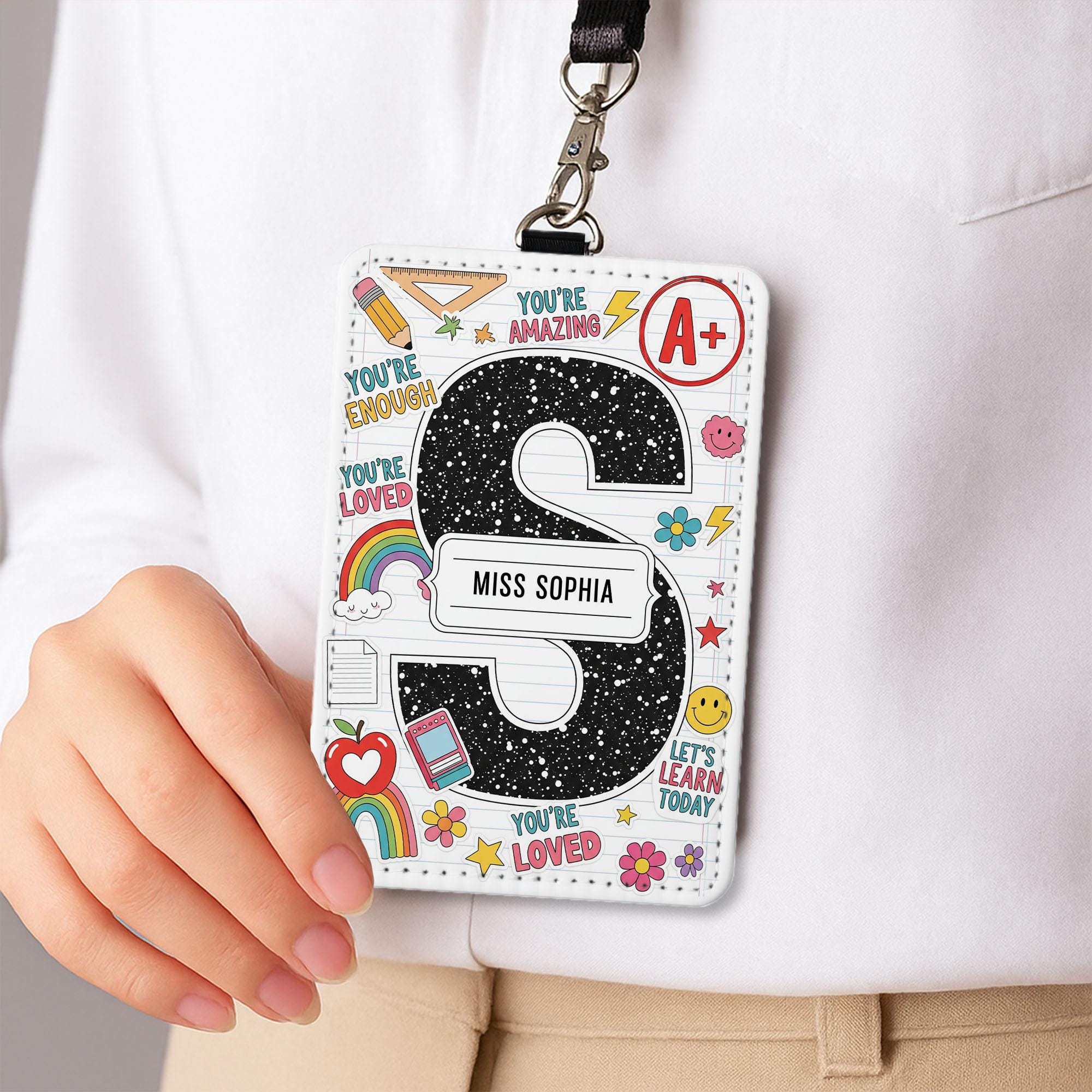 Custom Teacher Badge Holder, Personalized Leather ID Tag, Back to School Gift, Cute A+ Teacher Lanyard, Teacher Name Badge,School Accesories