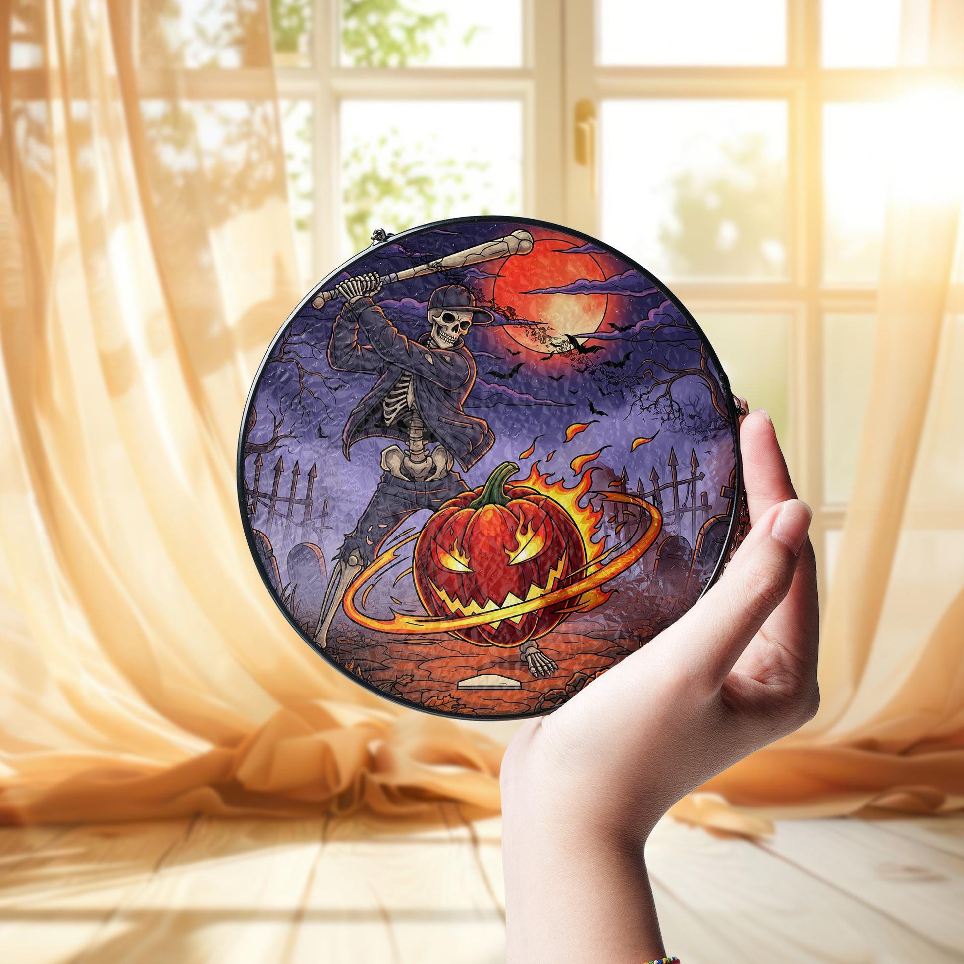 Skeleton Baseball Halloween Suncatcher – Spooky Jack O'Lantern Glass Decor – Gothic Pumpkin Window Art