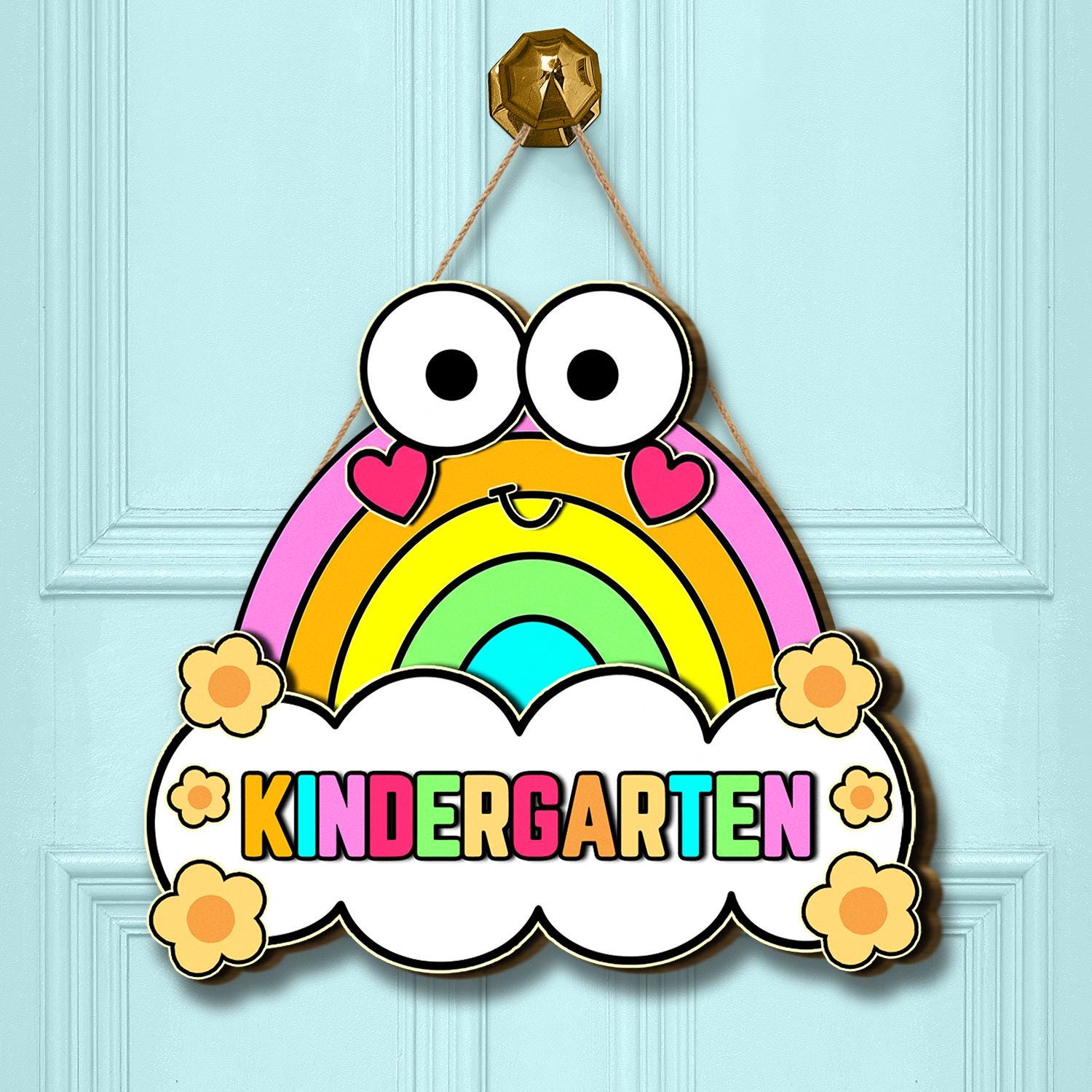 Kindergarten Classroom Door Sign – Cute Rainbow Cloud Welcome Decor with Eyes, Back to School Sign for Preschool or Early Education