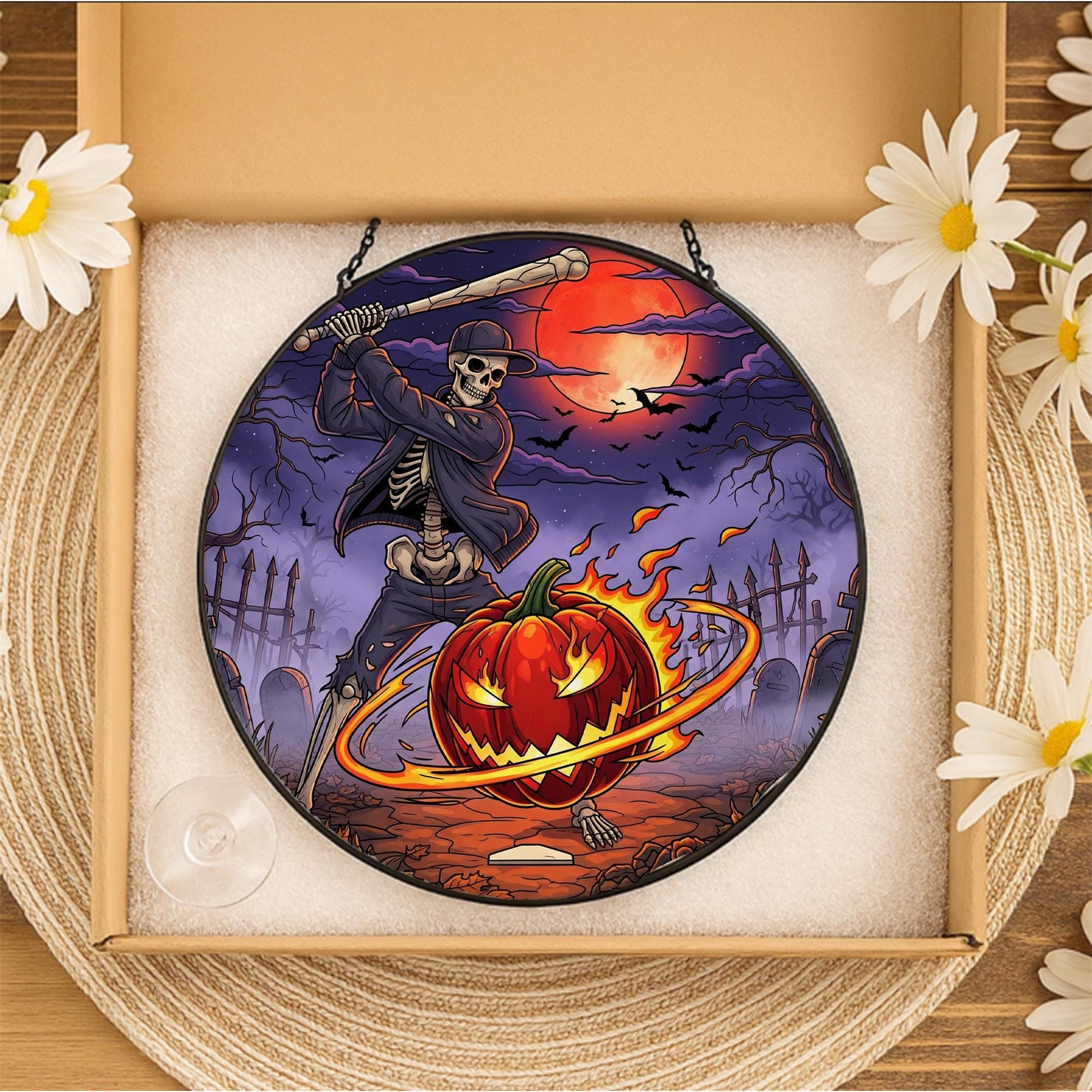 Skeleton Baseball Halloween Suncatcher – Spooky Jack O'Lantern Glass Decor – Gothic Pumpkin Window Art