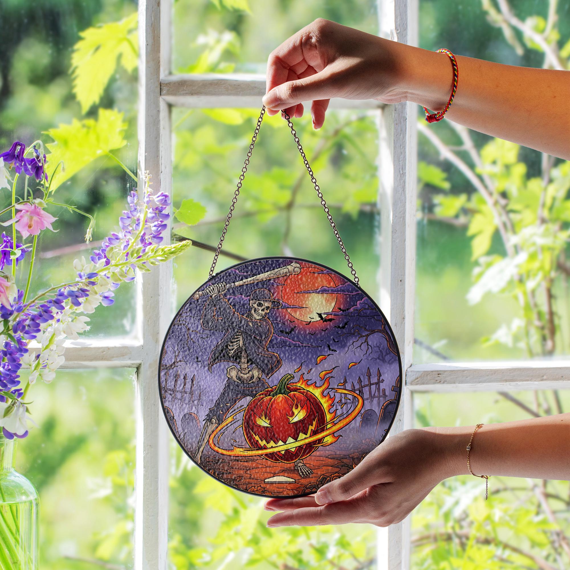 Skeleton Baseball Halloween Suncatcher – Spooky Jack O'Lantern Glass Decor – Gothic Pumpkin Window Art