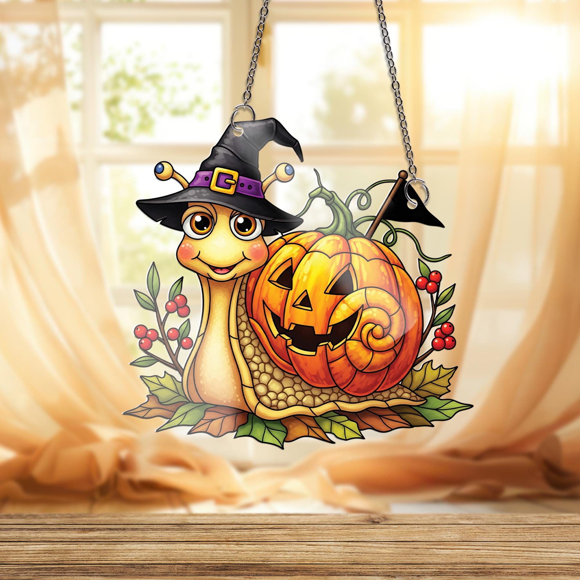 Cute Halloween Snail Ornament , Pumpkin Witch Window Decor, Fall Cartoon Animal Ornament