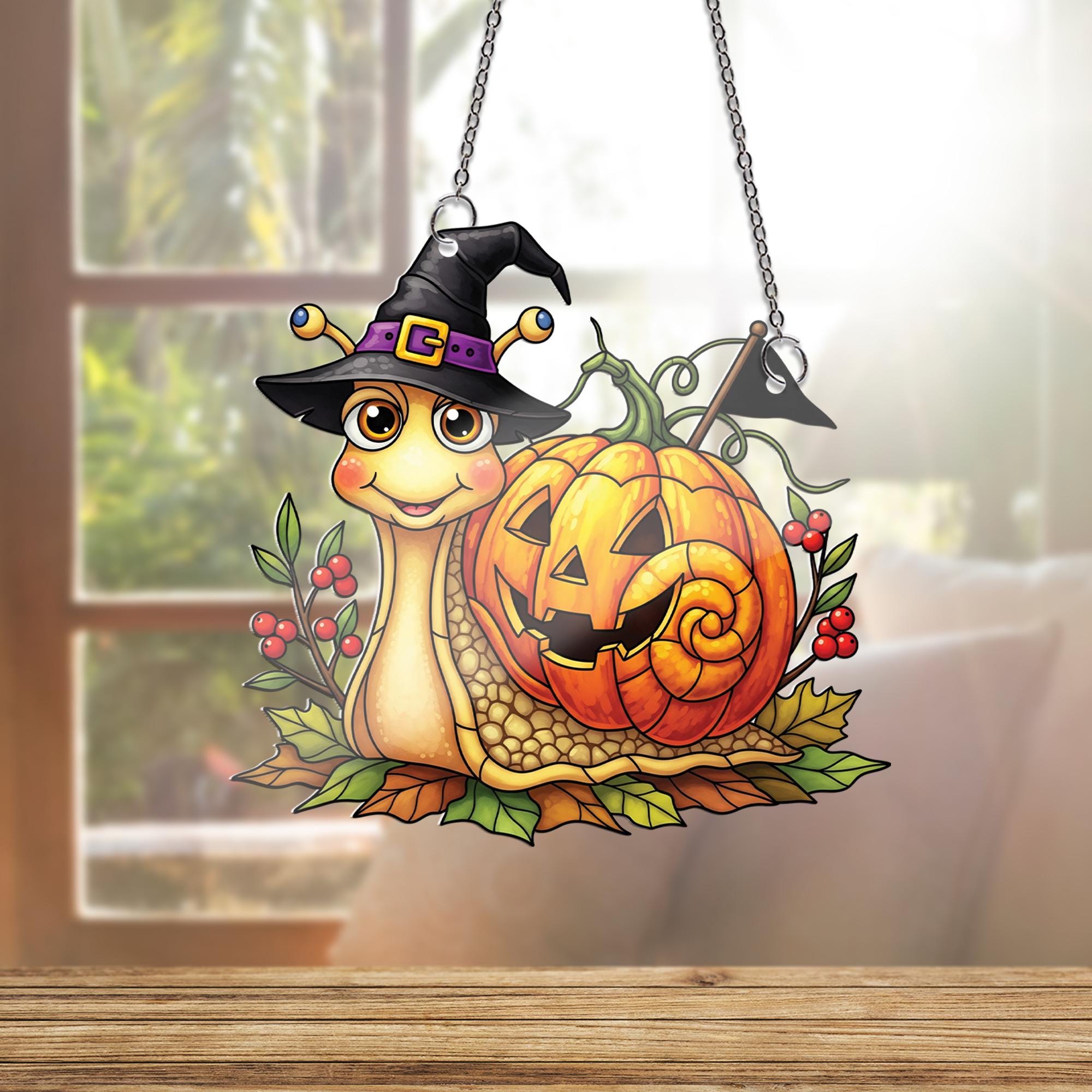 Cute Halloween Snail Ornament , Pumpkin Witch Window Decor, Fall Cartoon Animal Ornament