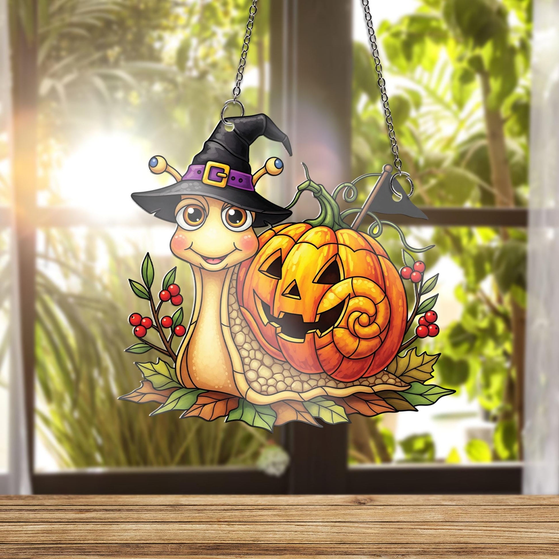 Cute Halloween Snail Ornament , Pumpkin Witch Window Decor, Fall Cartoon Animal Ornament