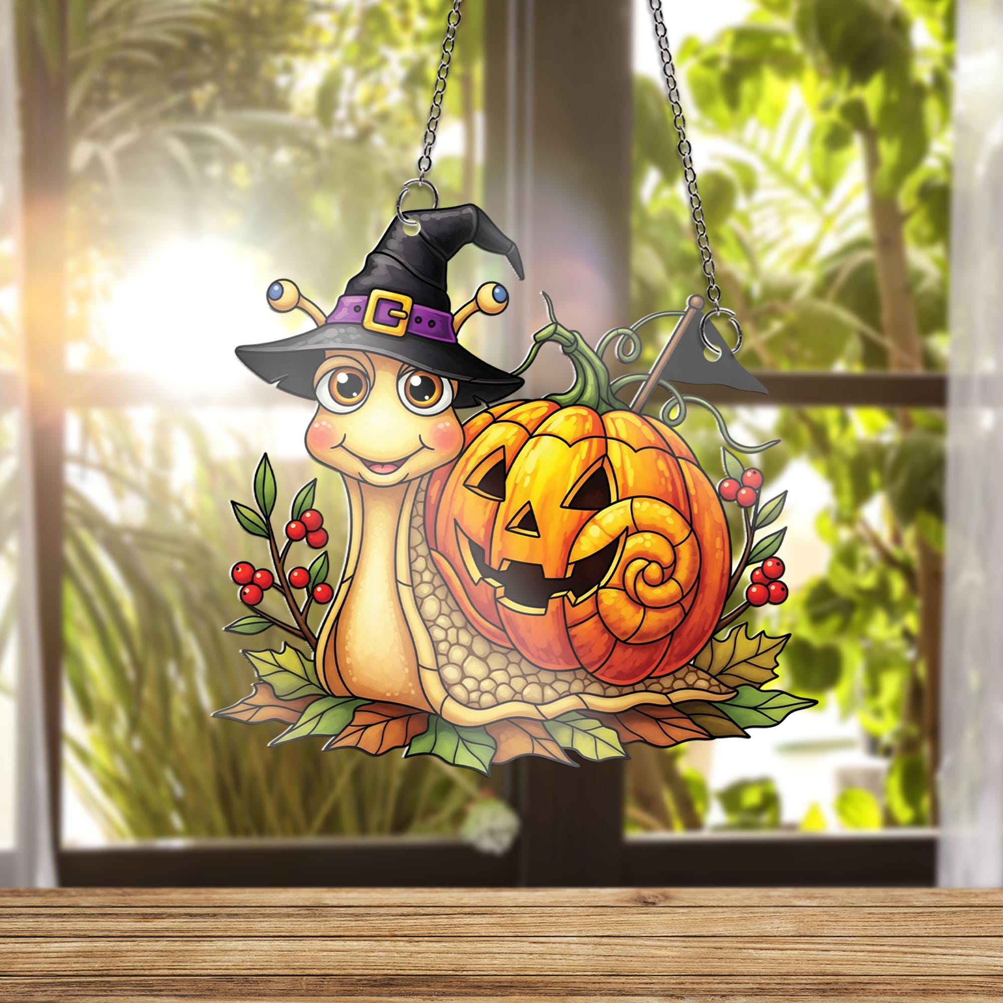 Cute Halloween Snail Ornament , Pumpkin Witch Window Decor, Fall Cartoon Animal Ornament