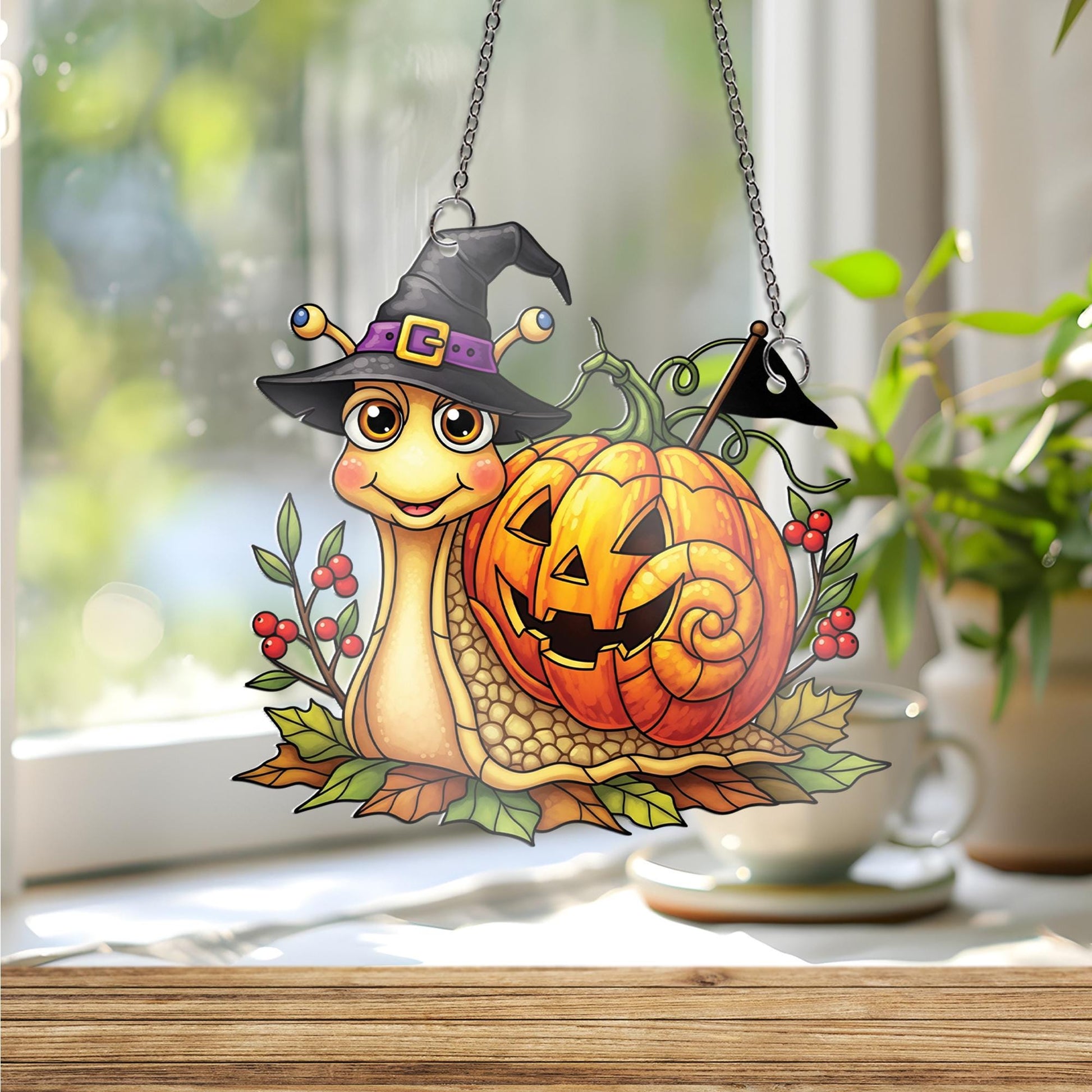 Cute Halloween Snail Ornament , Pumpkin Witch Window Decor, Fall Cartoon Animal Ornament