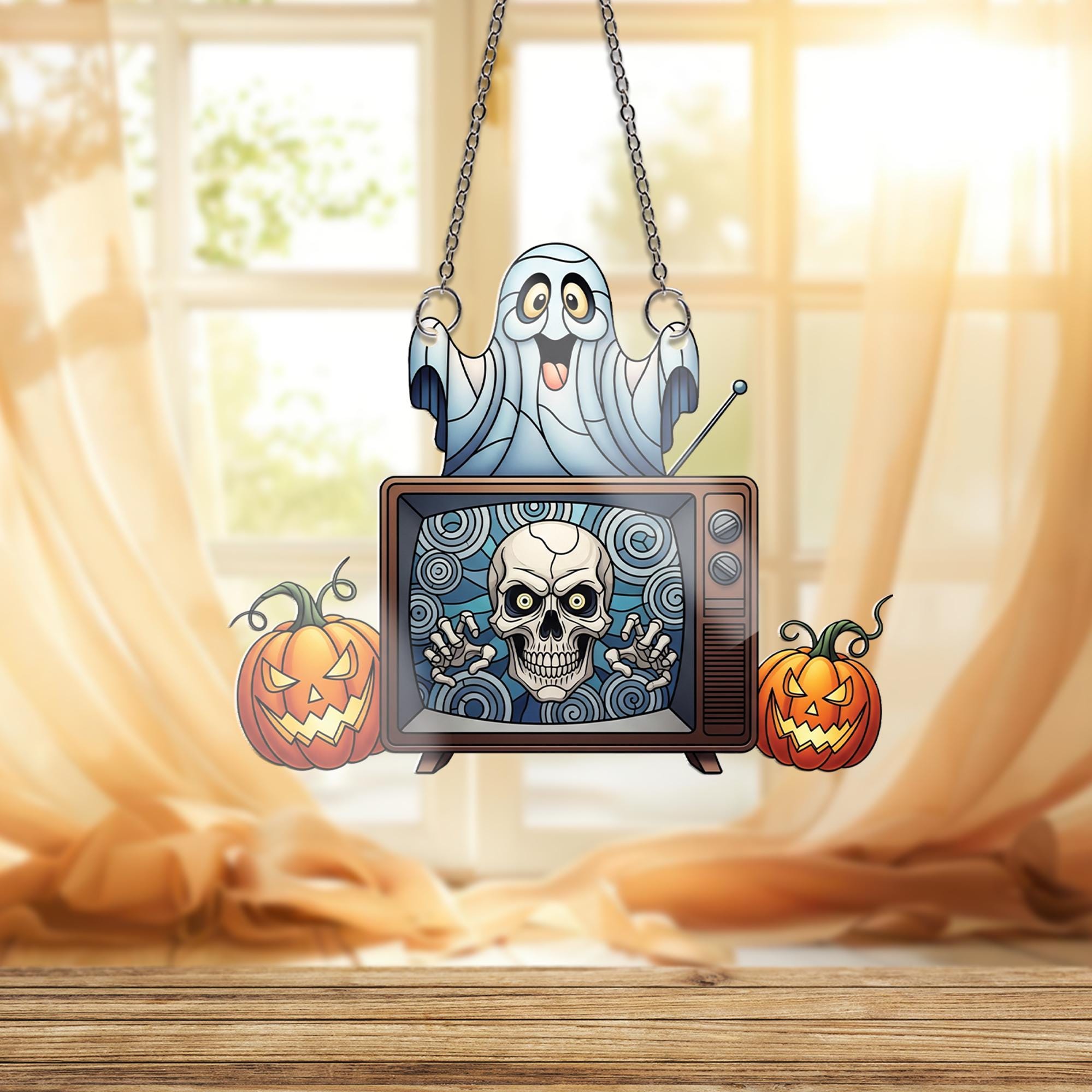 Retro Halloween TV Ornament , Cute Ghost and Skull Window Decor, Spooky Fall Ornament