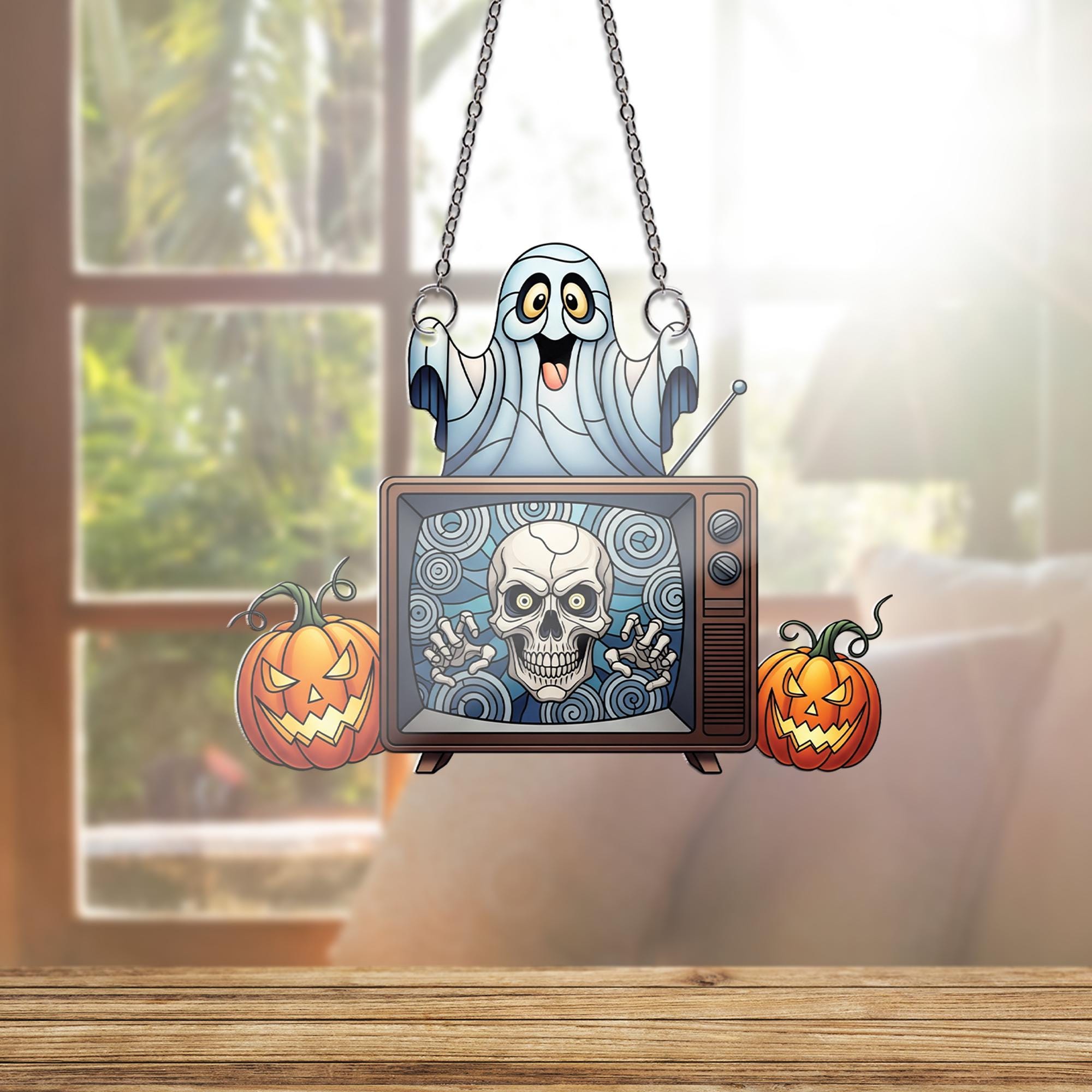 Retro Halloween TV Ornament , Cute Ghost and Skull Window Decor, Spooky Fall Ornament