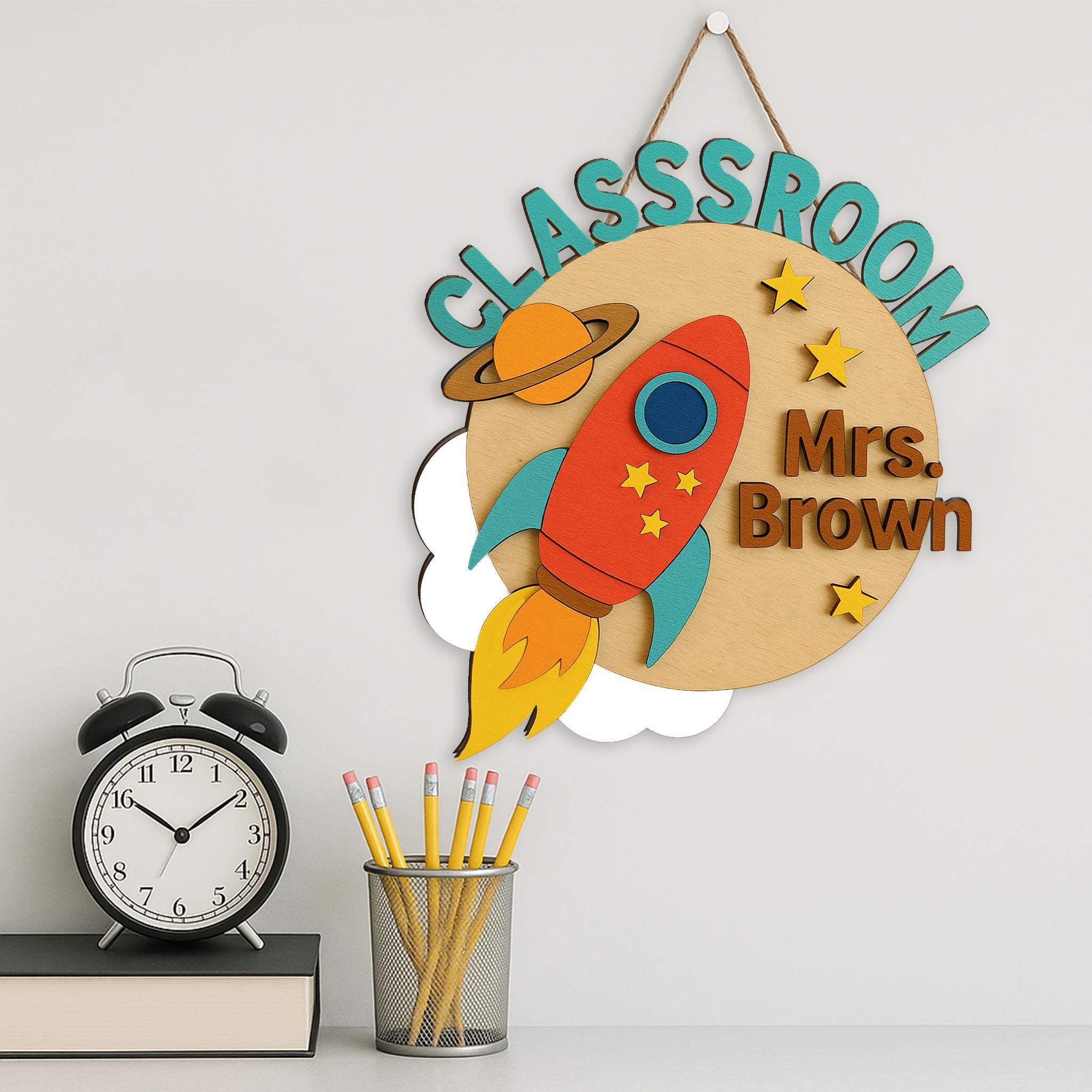Custom Rocket Classroom Sign, Personalized Wooden Door Hanger, Classroom Space Theme Decor, Back to School Teacher Gift