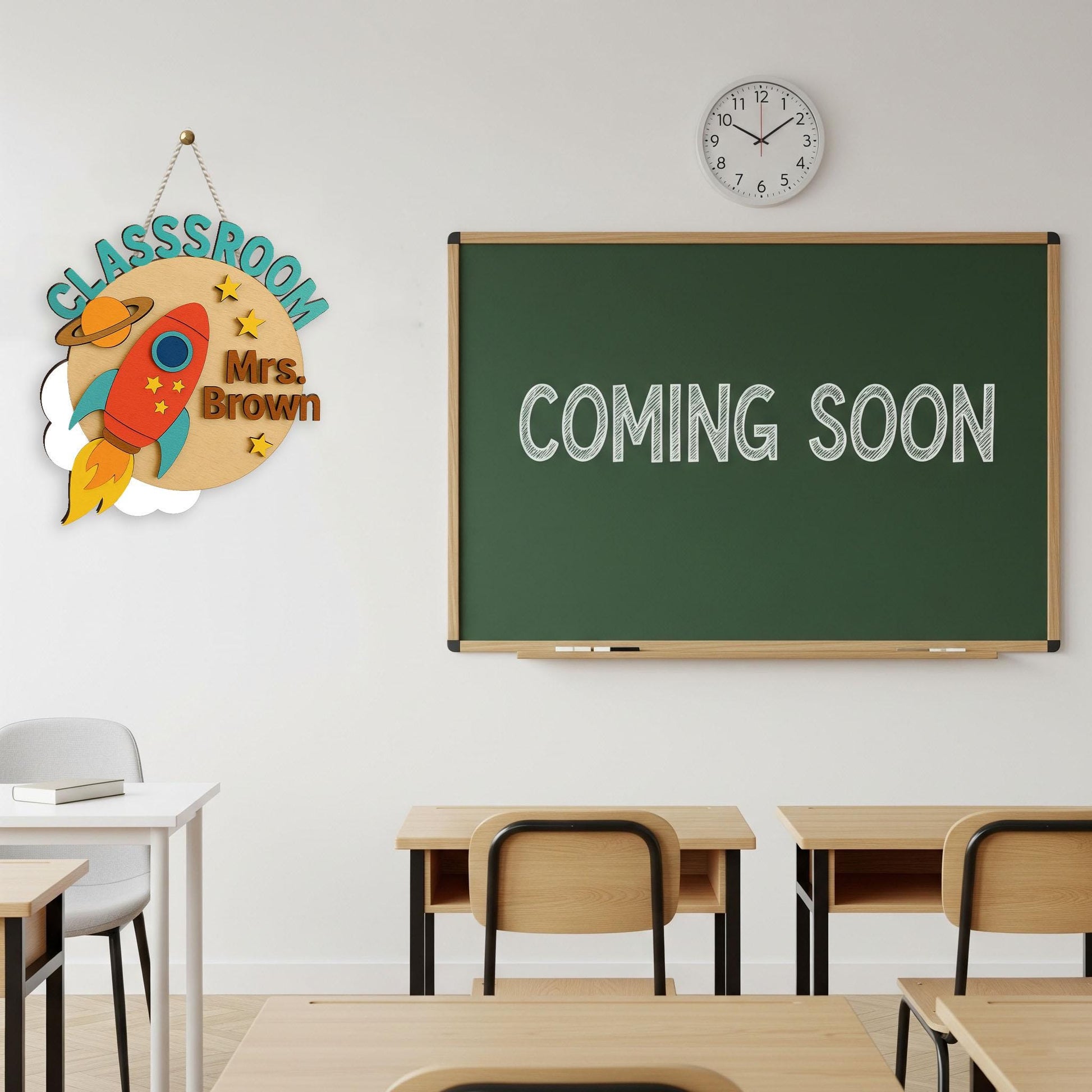 Custom Rocket Classroom Sign, Personalized Wooden Door Hanger, Classroom Space Theme Decor, Back to School Teacher Gift