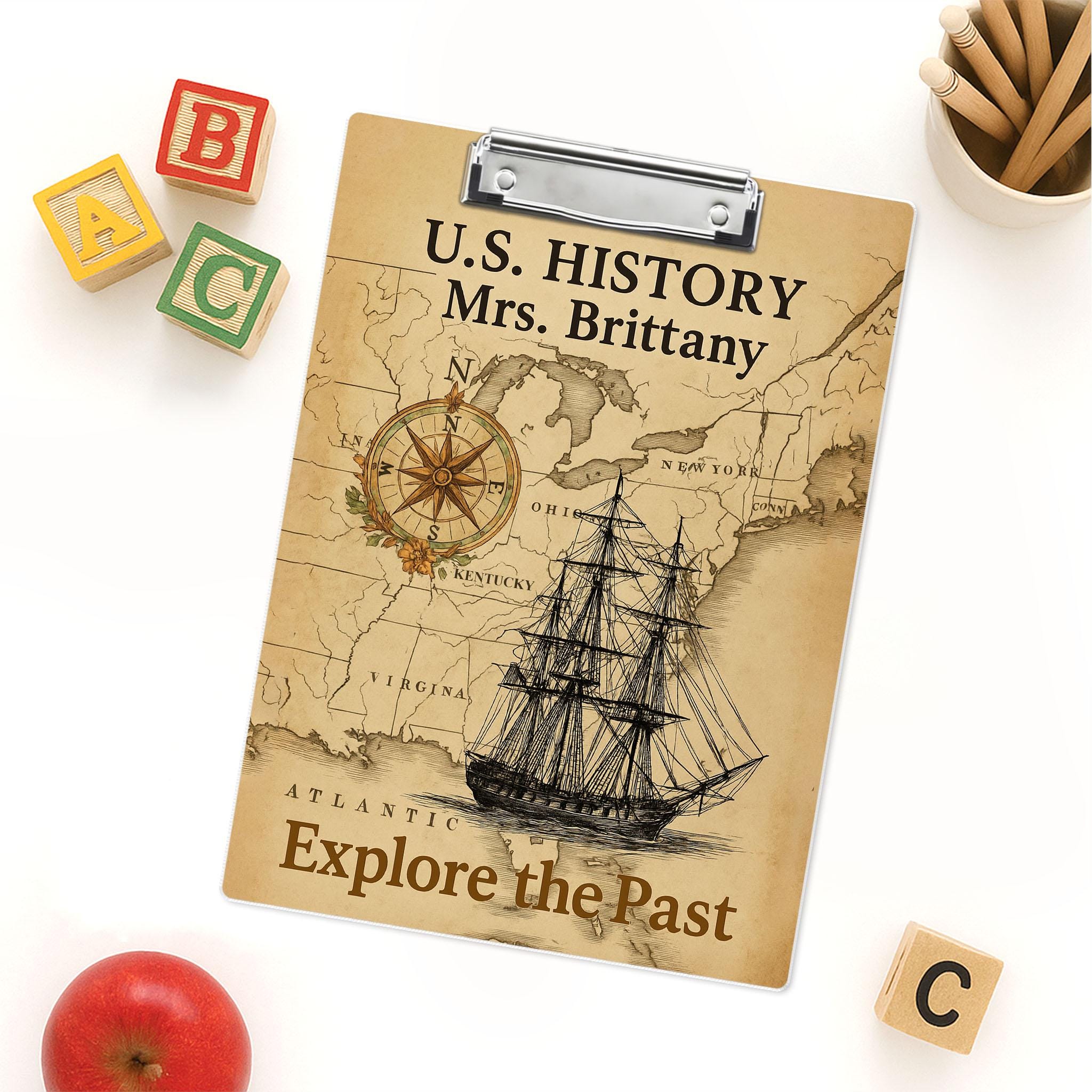 Custom History Teacher Clipboard, U.S. History Theme Clipboard for Teacher, Personalized Classroom Supplies, Explore the Past