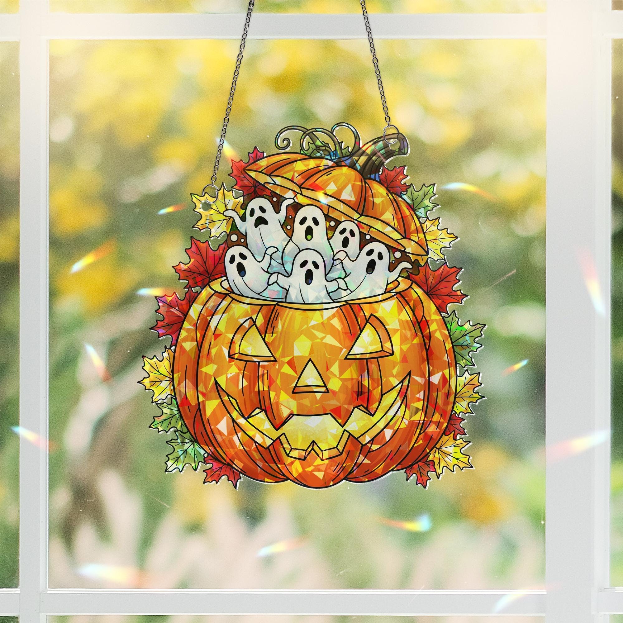 Stained Glass Pumpkin Sun Catcher with Ghosts - Halloween Decor - Spooky Autumn Window Hanging