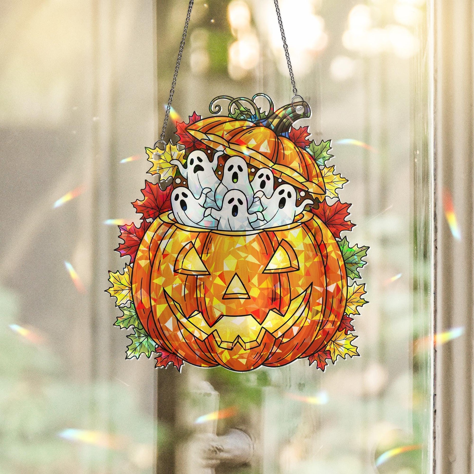 Stained Glass Pumpkin Sun Catcher with Ghosts - Halloween Decor - Spooky Autumn Window Hanging